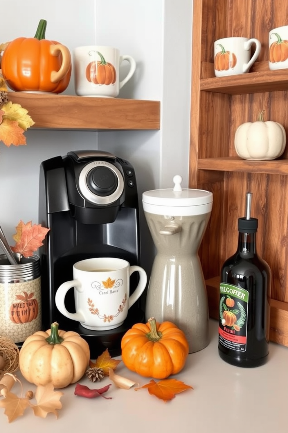 Create a cozy coffee station that showcases fall flavors. Incorporate warm tones like burnt orange and deep brown with rustic wooden shelves and ceramic mugs adorned with autumn motifs. Adorn the space with seasonal decorations such as small pumpkins and dried leaves. A rich, aromatic coffee blend sits next to a frother and flavored syrups for a perfect autumn beverage experience.