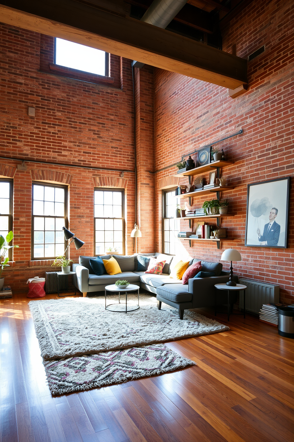 A cozy loft living space with exposed brick walls and large windows allowing natural light to flood the room. The floor is polished hardwood, and a plush area rug anchors the seating area, which features a modern sectional sofa adorned with colorful throw pillows. Wall-mounted shelves in a warm wood finish display an eclectic mix of decor items, including books, plants, and art pieces. The overall color palette is a blend of earthy tones and vibrant accents, creating a welcoming and stylish atmosphere.