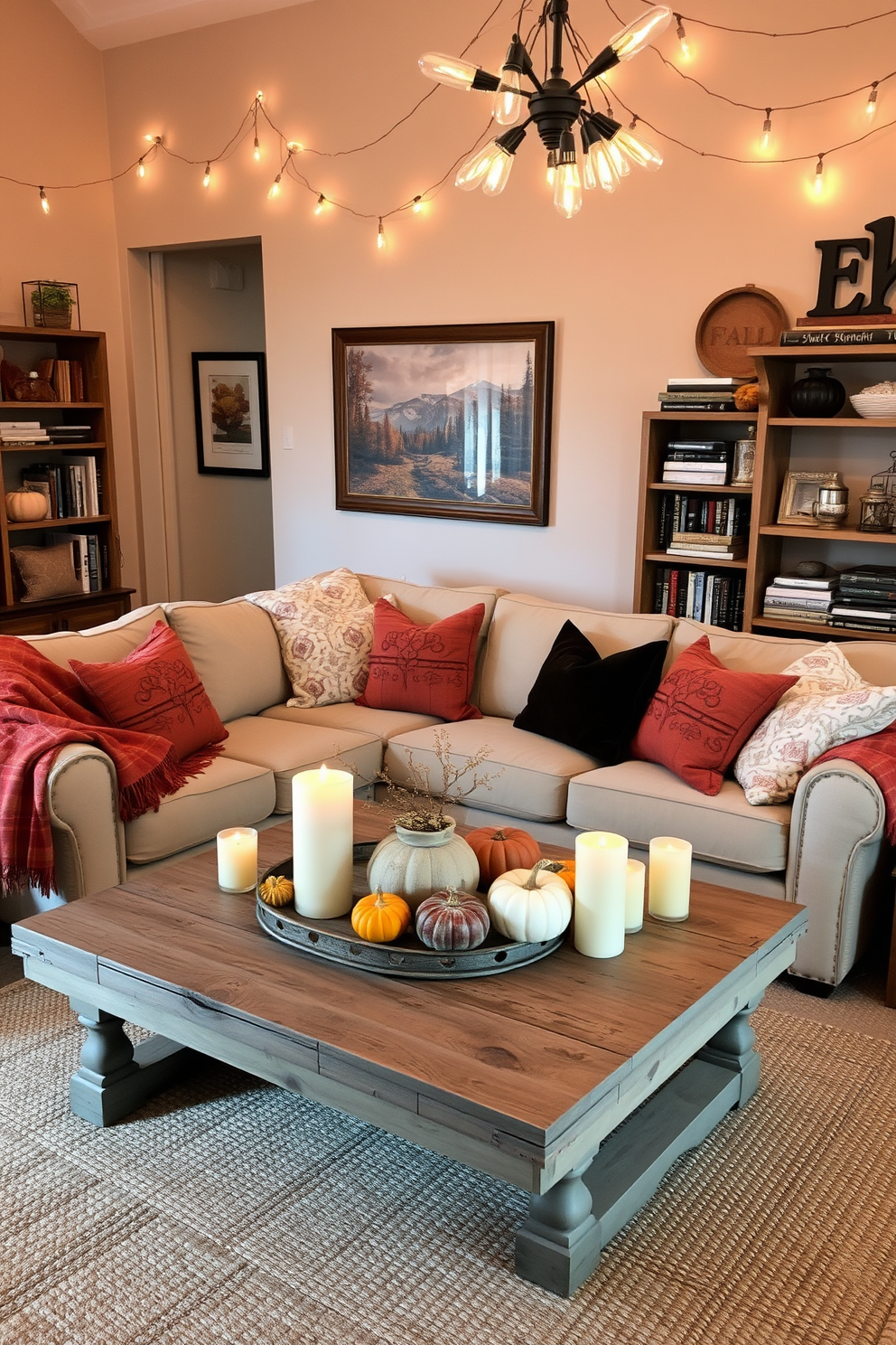 A cozy living room adorned with soft, warm lighting from vintage-style bulbs creates an inviting atmosphere. Plush throw blankets and decorative pillows in autumnal hues are scattered across a large sectional sofa, while a rustic coffee table holds a collection of seasonal candles and small pumpkins. The walls are decorated with framed artwork featuring fall landscapes, enhancing the seasonal theme. A woven area rug in earthy tones anchors the space, and a tall bookshelf displays an array of books alongside decorative fall-themed accents.