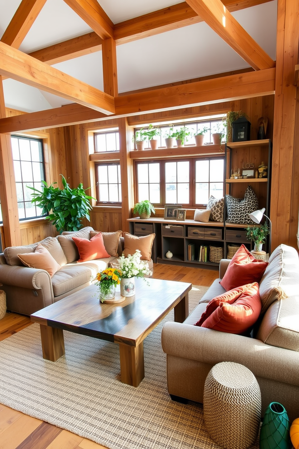 A cozy loft living room features a rustic wooden coffee table adorned with seasonal fall decorations. On the table, there are small pumpkins, a warm plaid blanket, and a scented candle, creating an inviting atmosphere.