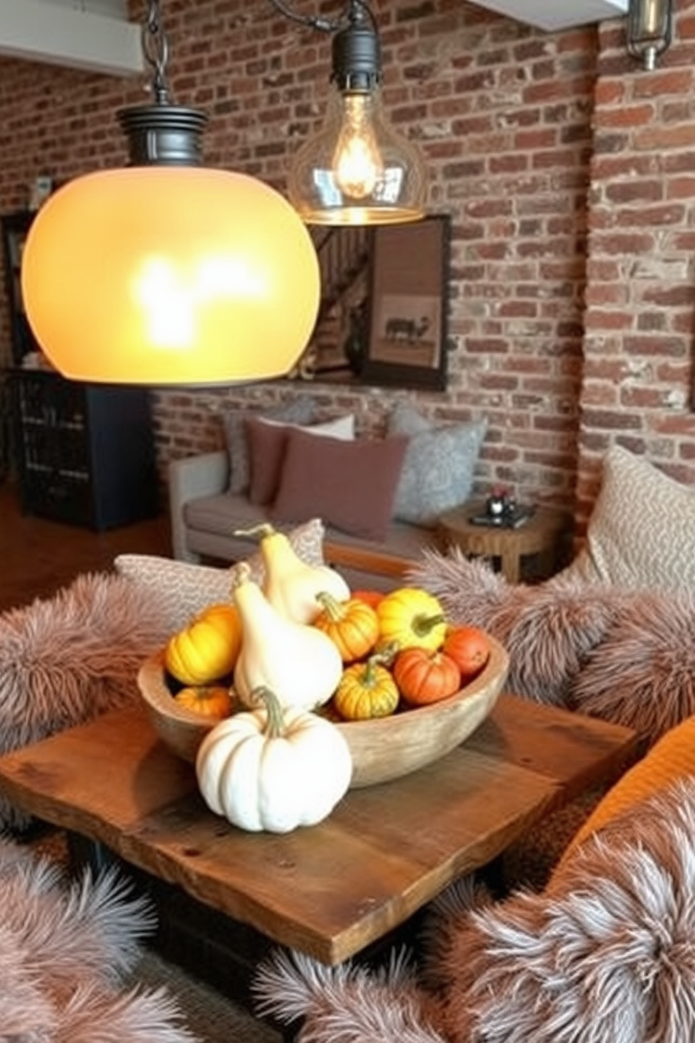 A cozy loft space adorned with colorful gourds as table decor. The gourds are arranged in a rustic wooden bowl placed on a reclaimed wood coffee table surrounded by plush, oversized cushions. Soft, warm lighting from vintage-style pendant lamps illuminates the area, enhancing the autumnal ambiance. A backdrop of exposed brick walls complements the natural textures and colors of the seasonal decor.