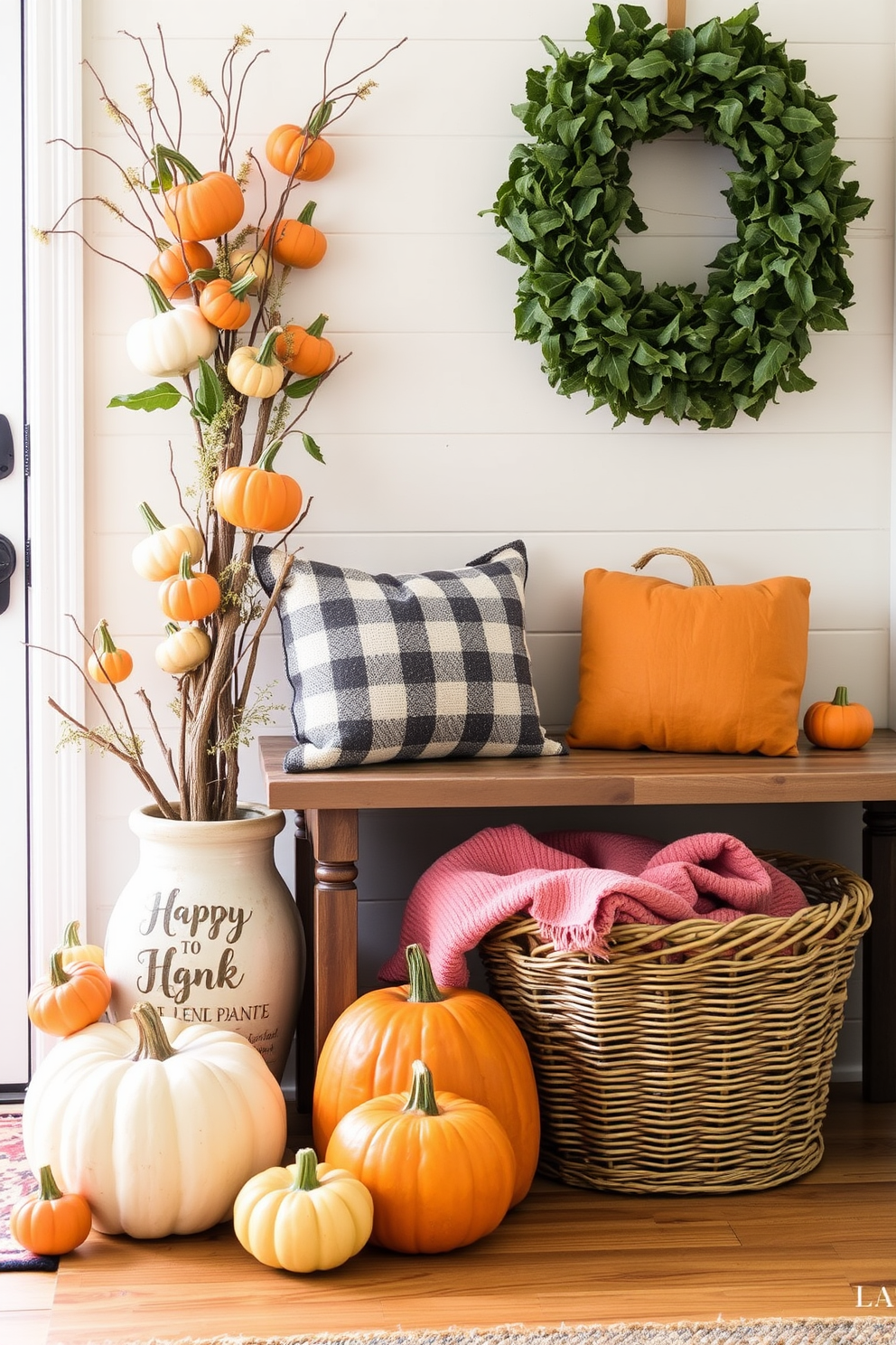 Create a cozy entryway adorned with an array of pumpkins in varying sizes and colors. Soft, warm lighting illuminates the space, highlighting a rustic wooden bench and a woven basket filled with cozy blankets.