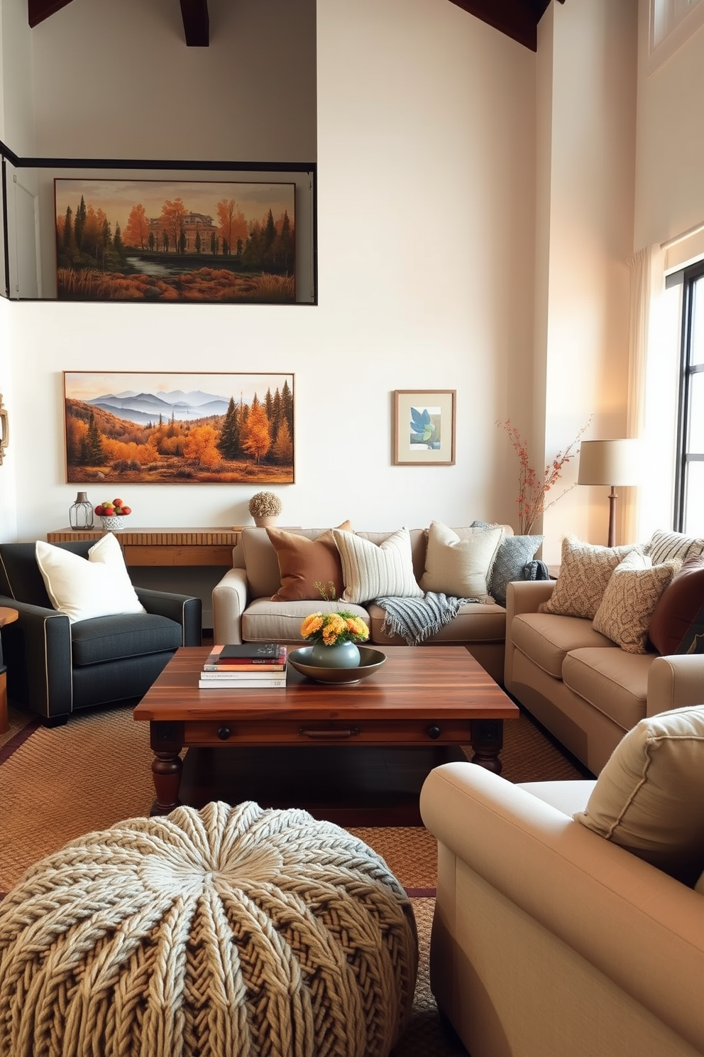 A cozy loft living area with warm autumn tones. There is a large oversized knit pouf positioned near a rustic wooden coffee table surrounded by plush seating options. The walls are adorned with seasonal artwork featuring fall landscapes. Soft, ambient lighting creates an inviting atmosphere, complemented by a mix of textured throw pillows and a woven blanket draped over the sofa.