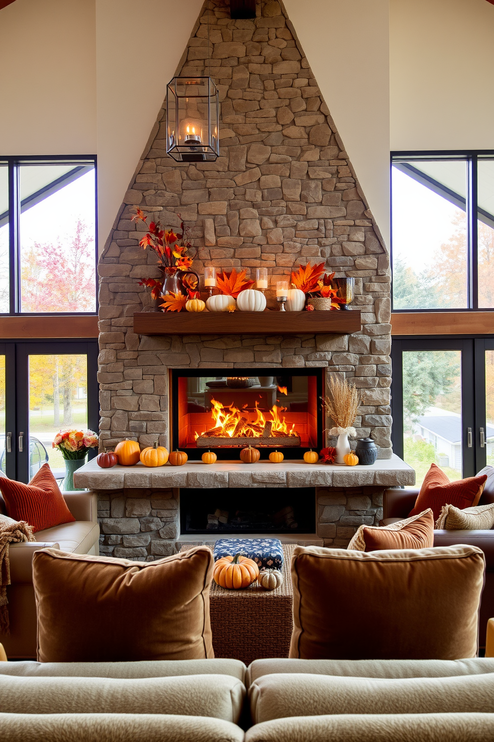 Natural wood shelves adorned with an assortment of fall decor create a warm and inviting atmosphere. Pumpkins, pinecones, and vibrant autumn leaves are artfully arranged alongside cozy candles and rustic accents.