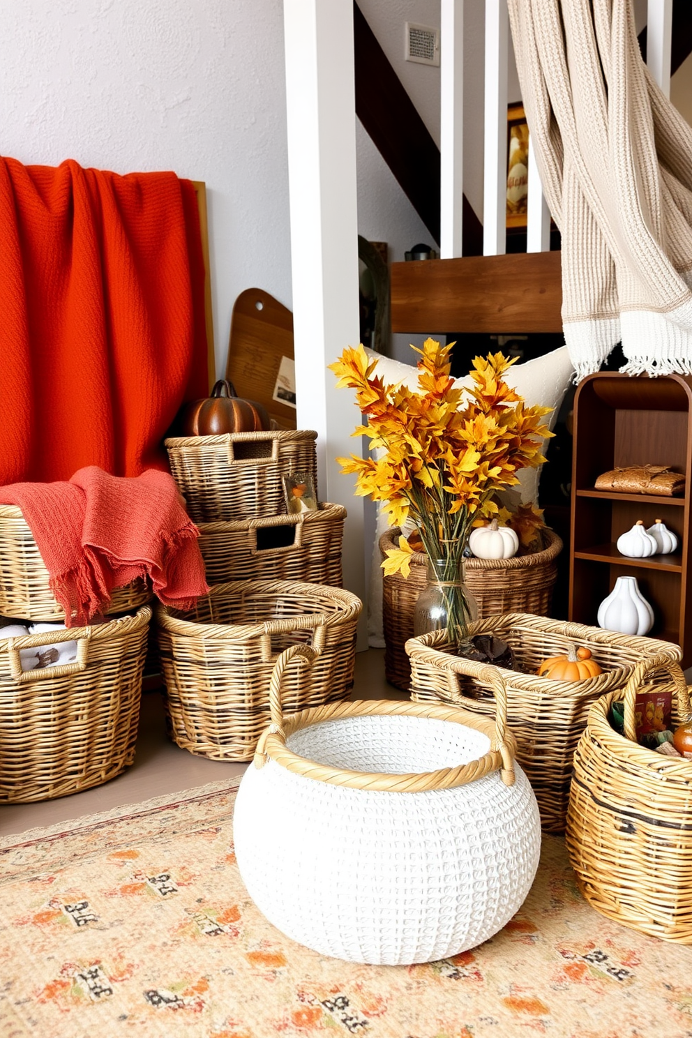 A cozy fall loft setting featuring woven baskets for storage placed strategically around the room. The warm hues of autumn are reflected in the decor, with soft throw blankets and seasonal accents enhancing the inviting atmosphere.