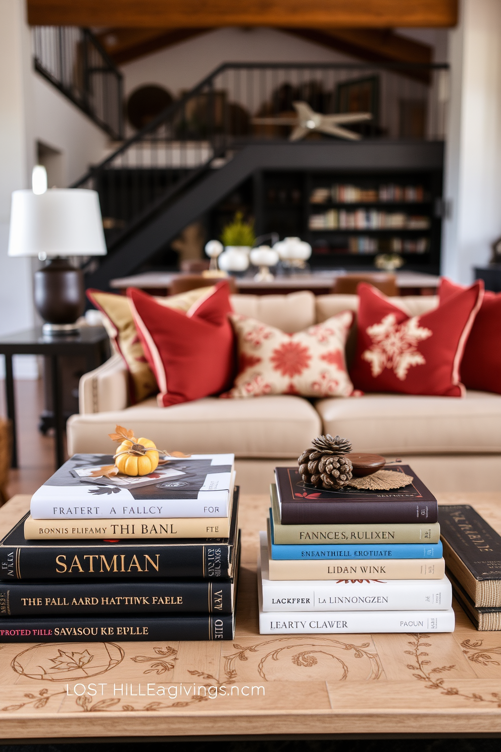 A cozy loft living room adorned with warm autumn hues. The coffee table is elegantly styled with an assortment of seasonal books, featuring rich textures and colors that evoke the essence of fall.