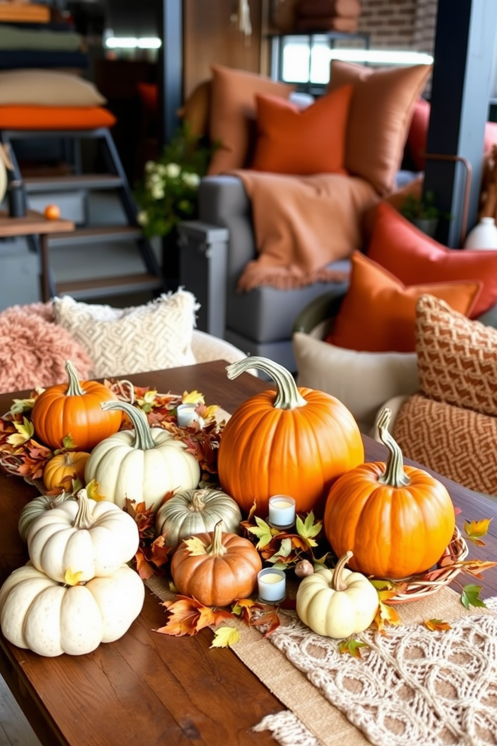 A collection of pumpkin centerpieces adorns a rustic dining table. The pumpkins vary in size and color, surrounded by autumn leaves and small candles for a warm glow. Loft decorating ideas embrace the essence of fall with cozy textures and warm hues. Plush throws and cushions in deep oranges and browns complement the industrial elements of the space.