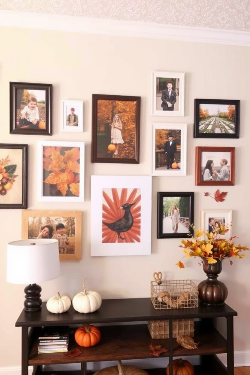 Create a gallery wall featuring fall-themed artwork and photographs. Incorporate warm colors like deep oranges, rich browns, and golden yellows to evoke the essence of the season. Use a mix of framed prints, canvases, and decorative elements such as leaves and pumpkins. Arrange the pieces in an eclectic yet cohesive style to create a welcoming focal point in the room.