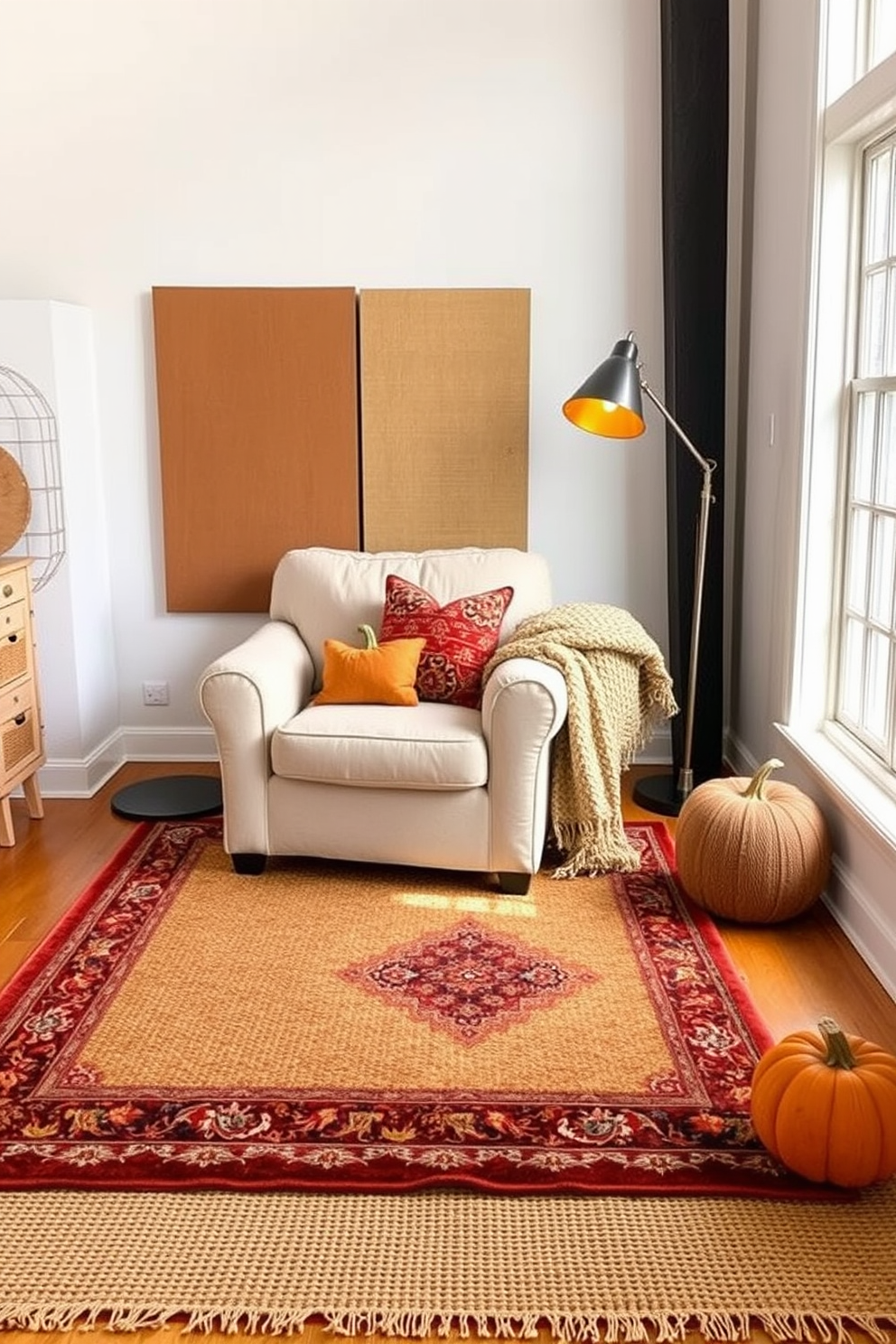 A cozy loft space featuring layered rugs in various textures and patterns. The base rug is a large neutral jute design, topped with a smaller, colorful Persian rug to create visual interest. The decor includes warm fall accents like pumpkin-shaped cushions and a woven throw blanket draped over a plush armchair. Soft amber lighting from a stylish floor lamp enhances the inviting atmosphere.