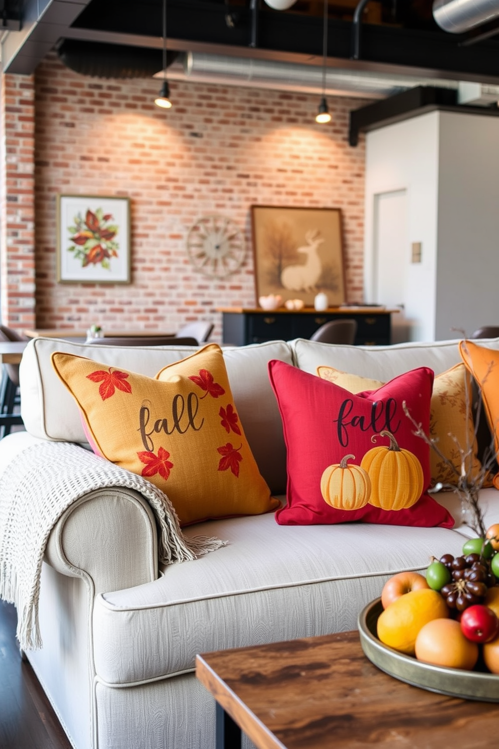 Seasonal throw pillows with fall motifs are arranged on a cozy sofa. The pillows feature warm colors like burnt orange, deep red, and mustard yellow, adorned with designs of leaves and pumpkins. In a stylish loft setting, the decor embraces autumn with rustic elements. A woven blanket drapes over the armrest, and a centerpiece of seasonal fruits sits on the coffee table, enhancing the inviting atmosphere.