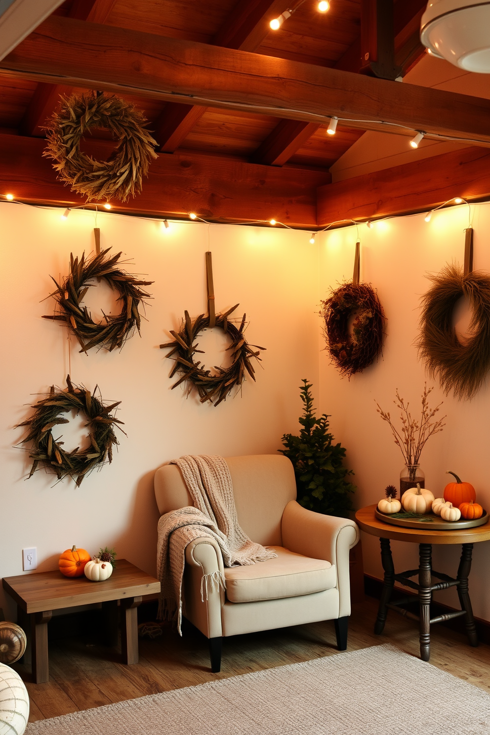 A cozy fall loft decorated with an array of candles in warm autumn scents. The space features a rustic wooden coffee table surrounded by plush seating, with soft throws and pillows in rich earth tones.