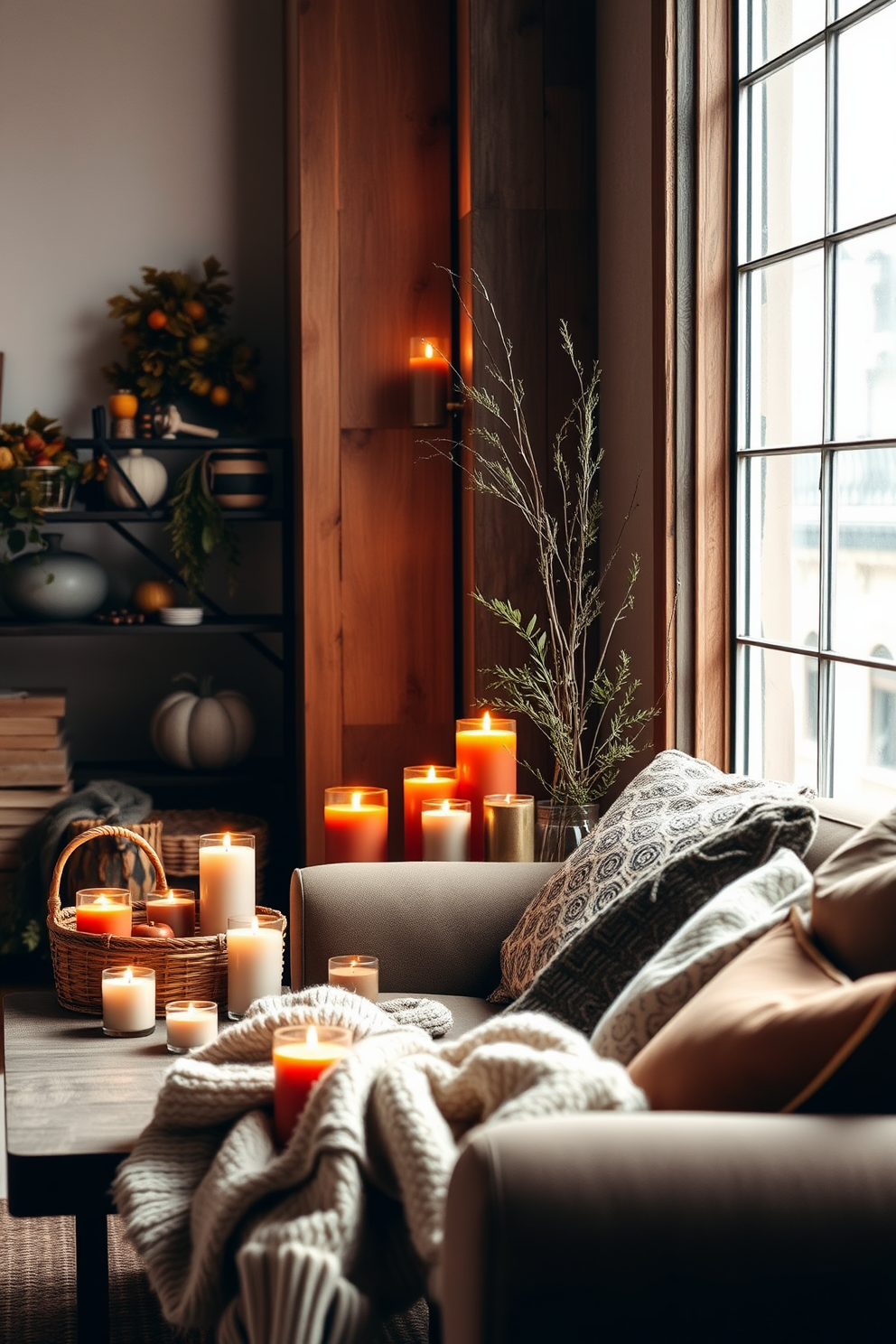 A cozy fall loft setting adorned with candles in earthy tones like terracotta and deep olive. The flickering candlelight casts a warm glow on rustic wooden surfaces and plush textiles, creating an inviting atmosphere. Decorative elements include woven baskets filled with seasonal foliage and textured throw blankets draped over a comfortable sofa. The soft scents of sandalwood and cedar fill the air, enhancing the autumnal ambiance.