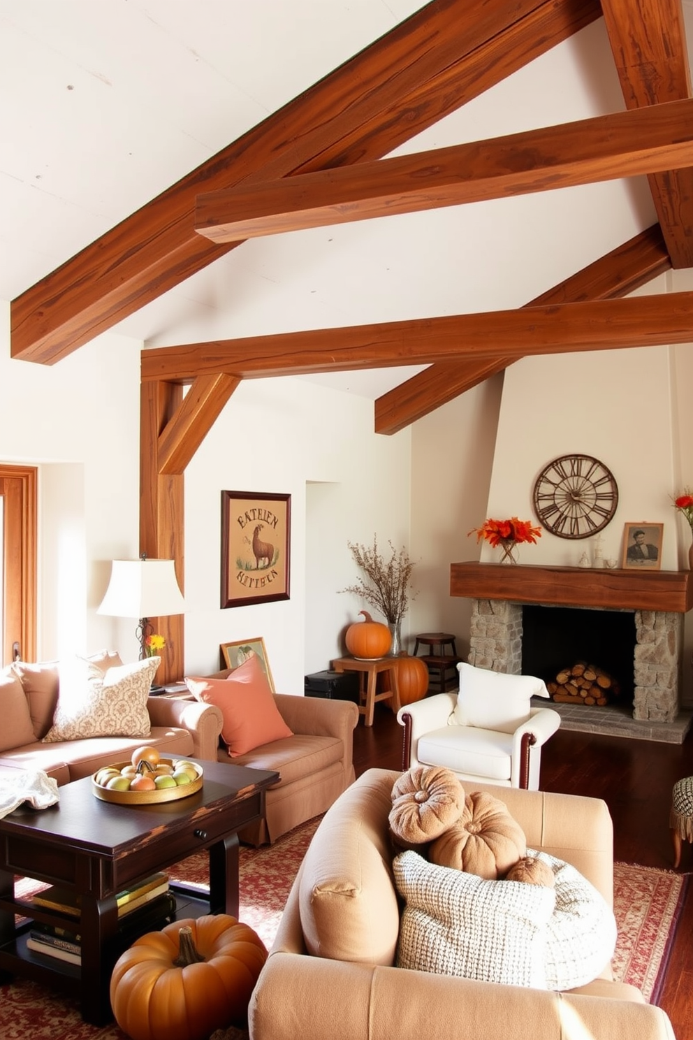 A cozy loft space featuring rustic wooden decor pieces that evoke the warmth of autumn. The room is adorned with wooden beams and furniture, complemented by soft textiles in warm earth tones.