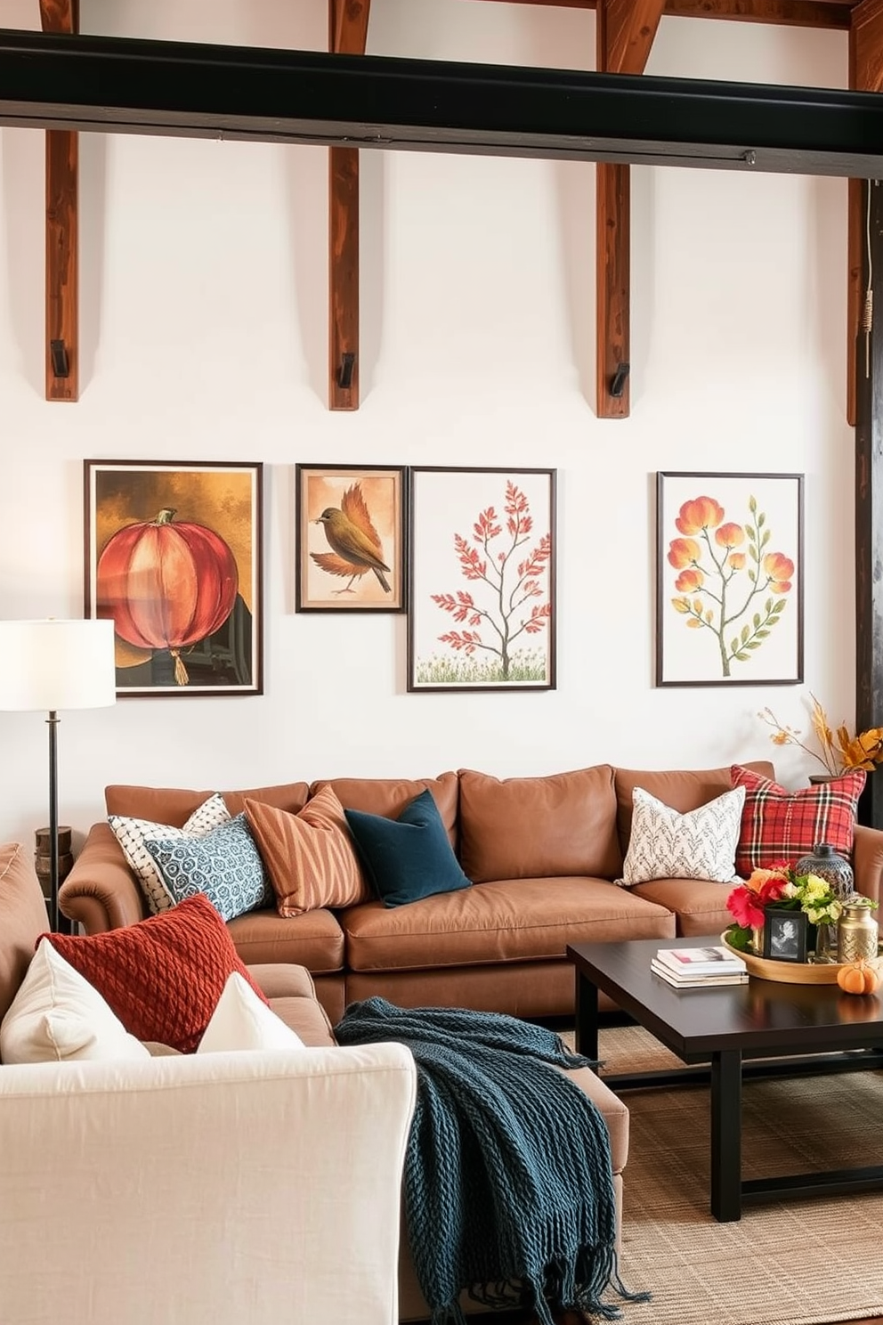 Fall themed art prints adorn the walls creating a warm and inviting atmosphere. The prints feature rich autumn colors and nature-inspired designs that enhance the cozy feel of the space. Incorporate loft decorating ideas with rustic wooden beams and soft textiles. A mix of industrial furniture and seasonal decor brings a unique charm to the fall-inspired loft.