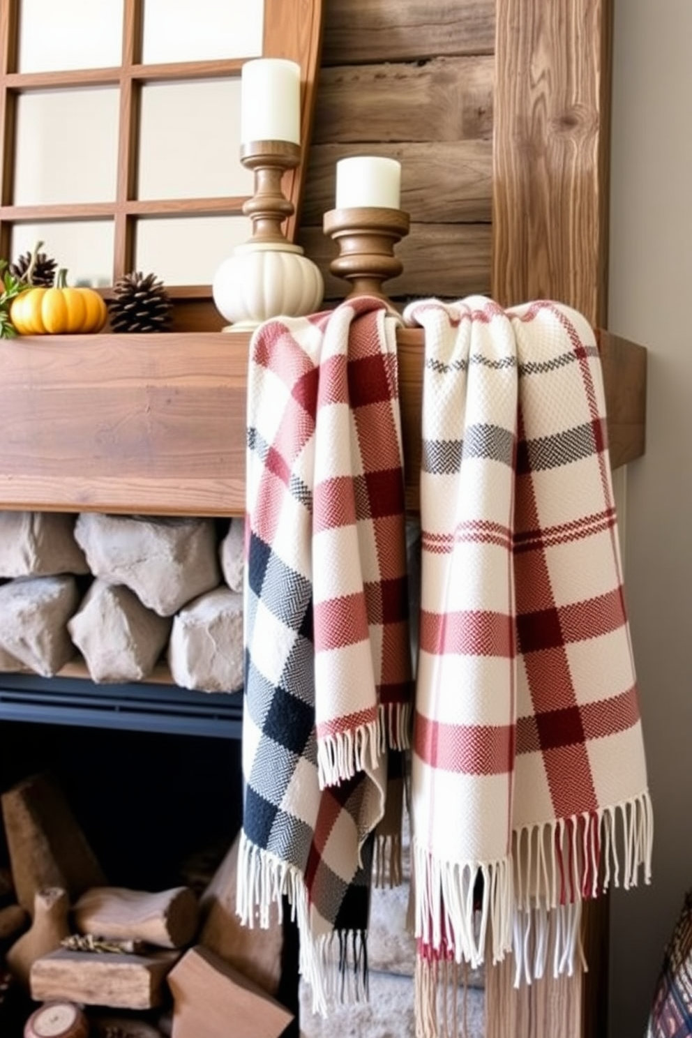 A cozy fireplace mantel adorned with warm plaid throws in rich reds and browns. Seasonal decorations like small pumpkins and pinecones are artfully arranged alongside the throws, creating a welcoming autumn atmosphere.