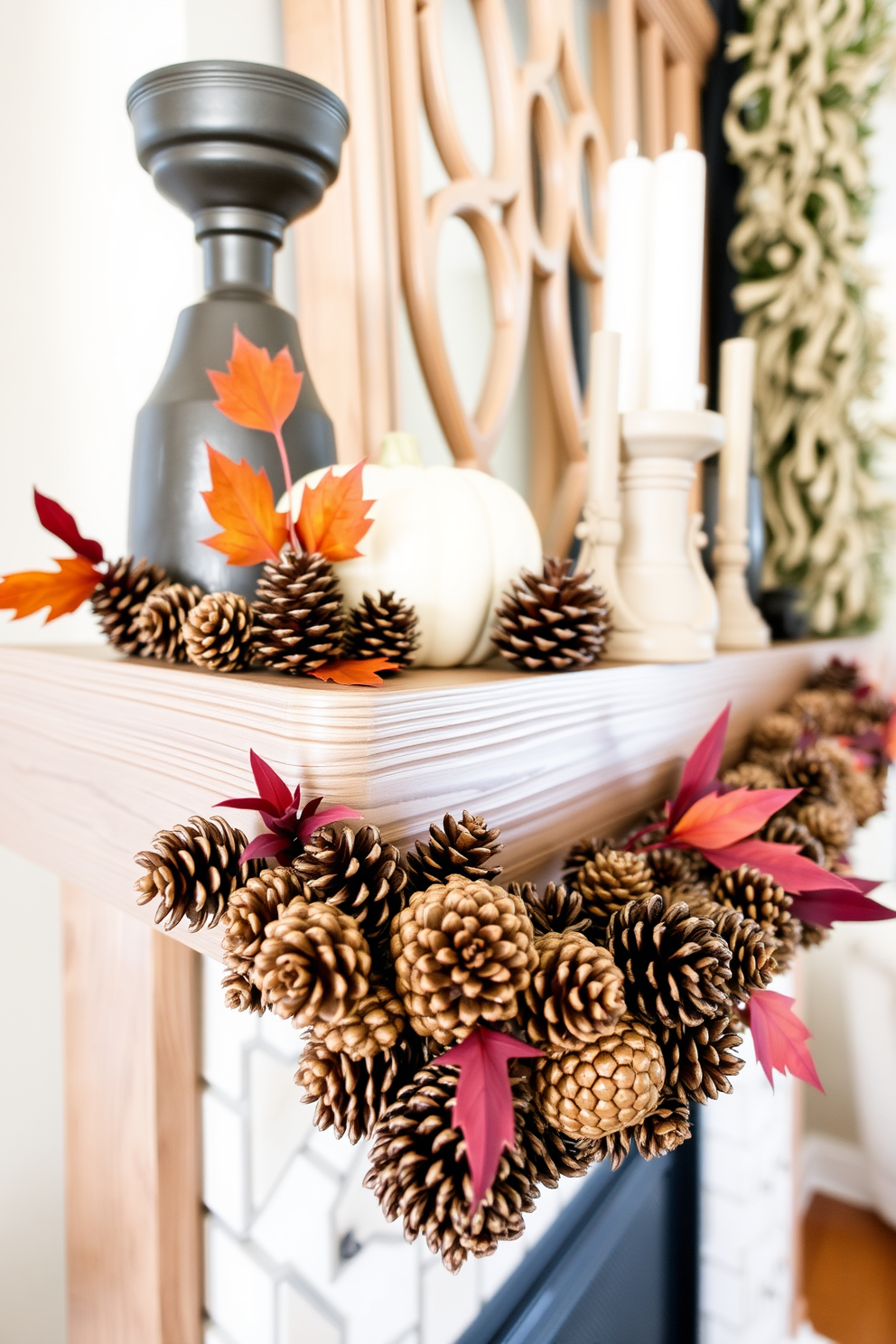 A cozy fall mantel adorned with pinecones, creating a warm and inviting atmosphere. The rustic wooden mantel is complemented by a backdrop of soft, neutral-colored wall decor. A collection of assorted pinecones in various sizes is artfully arranged along the mantel. Accents of deep orange and burgundy leaves are interspersed among the pinecones for a seasonal touch.