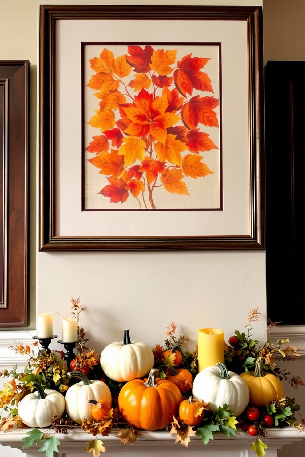 Autumn-themed artwork framed on the wall showcases vibrant leaves in shades of orange, red, and gold. Below, the fall mantel is adorned with a mix of pumpkins, candles, and seasonal foliage, creating a warm and inviting atmosphere.