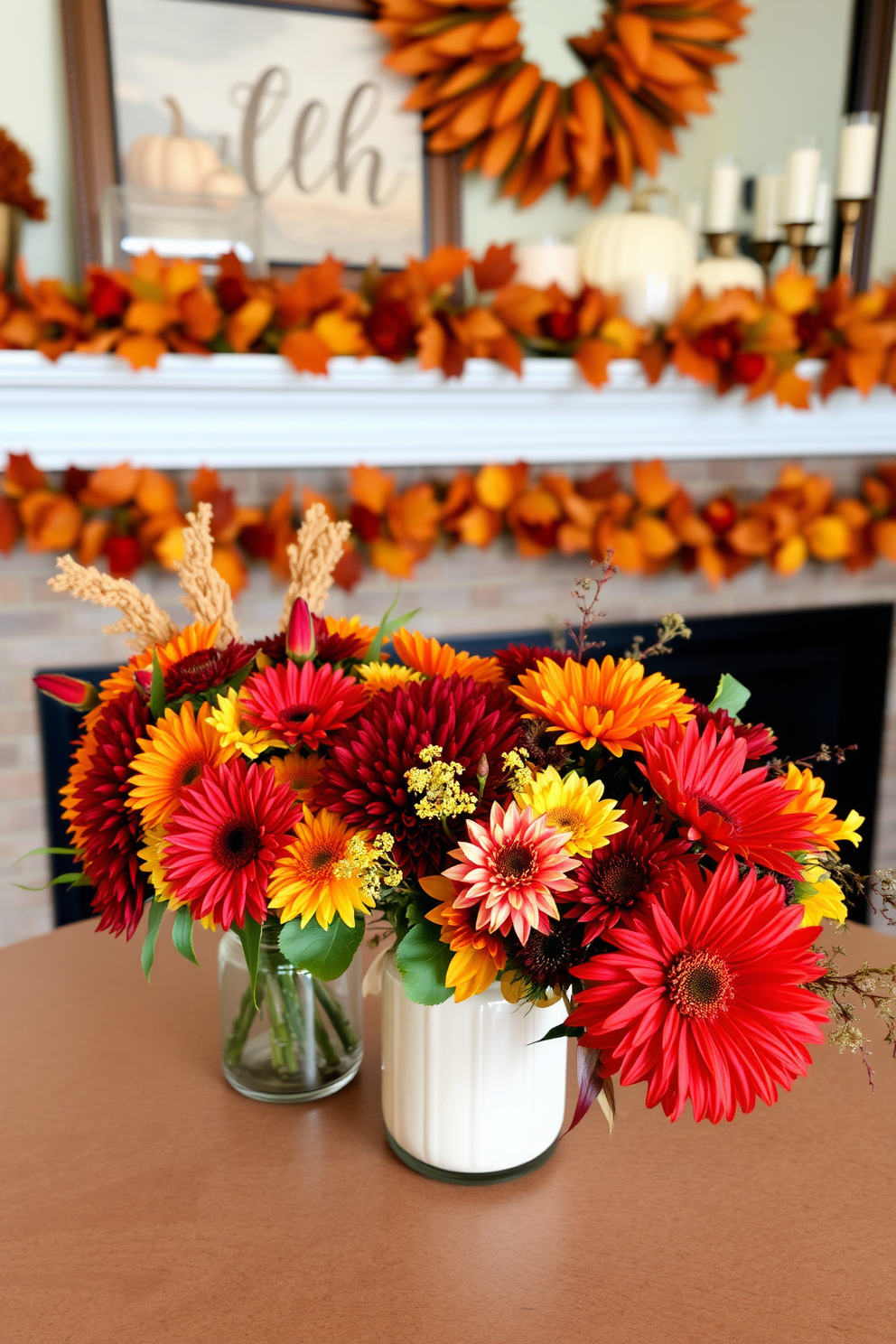 Floral arrangements featuring fall blooms showcase an array of warm colors with rich reds, oranges, and yellows. The arrangements include seasonal flowers like chrysanthemums, dahlias, and sunflowers, artfully arranged in rustic vases or mason jars. Fall mantel decorating ideas embrace the cozy essence of the season. The mantel is adorned with a mix of pumpkins, candles, and garlands made of autumn leaves, creating a warm and inviting focal point in the room.