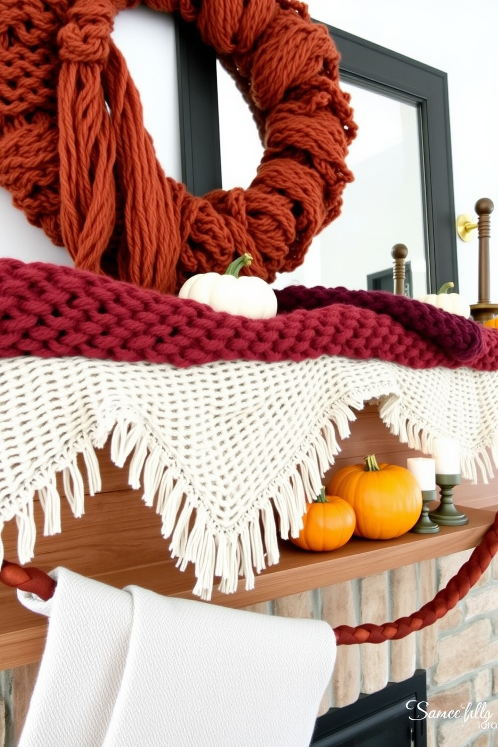 Colorful gourds in various shapes and sizes are artfully arranged among lush greenery on a rustic wooden mantel. The vibrant hues of the gourds contrast beautifully with the deep greens of the foliage, creating a warm and inviting autumn atmosphere.