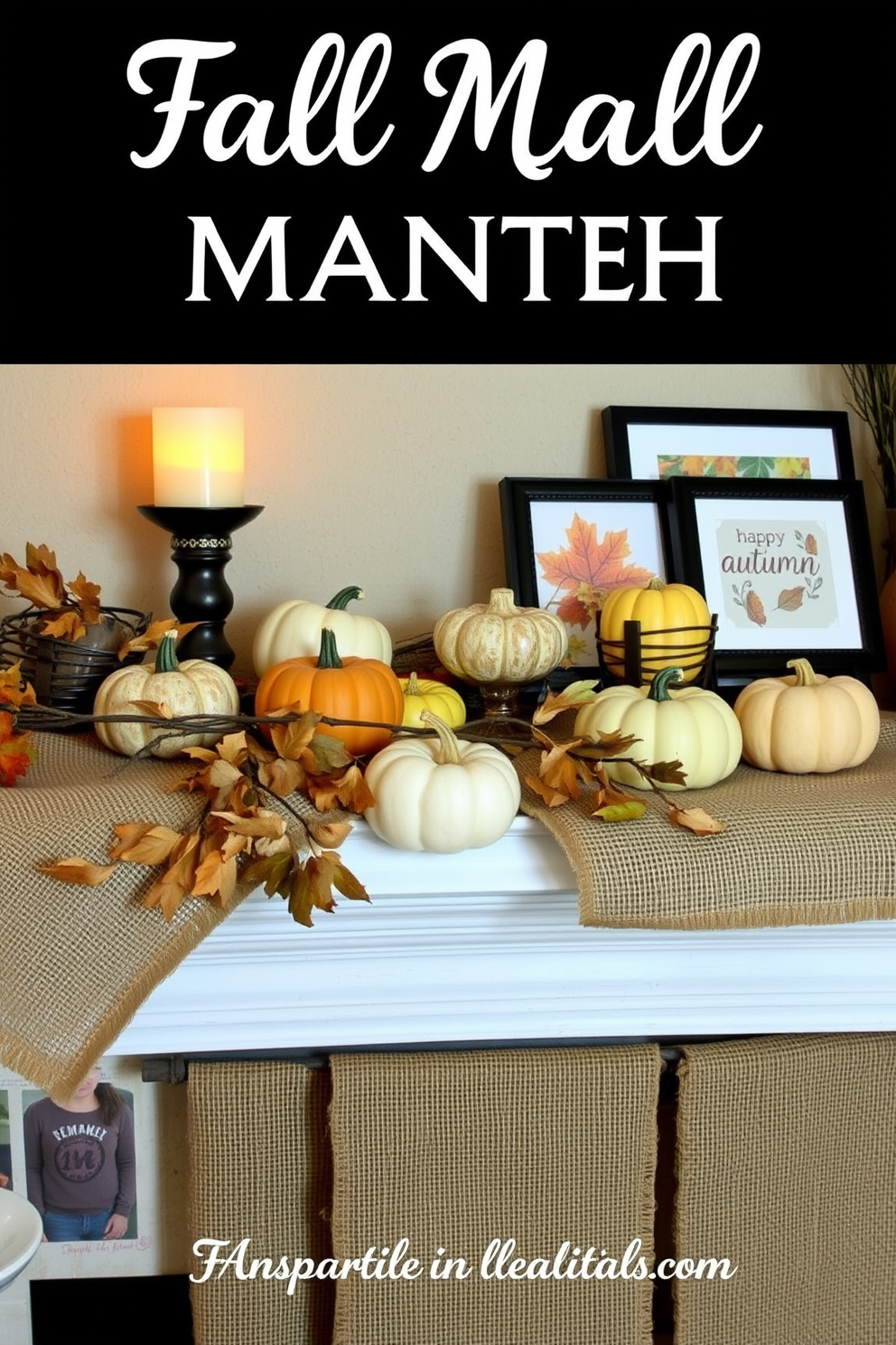 A cozy fall mantel adorned with burlap runners creates a rustic and inviting atmosphere. The mantel features a mix of seasonal decorations, including pumpkins in various sizes and colors, complemented by warm candlelight. Dried leaves and twigs are artfully arranged alongside the burlap, enhancing the natural aesthetic. A few framed autumn-themed prints are placed on the mantel, adding a personal touch to the overall design.