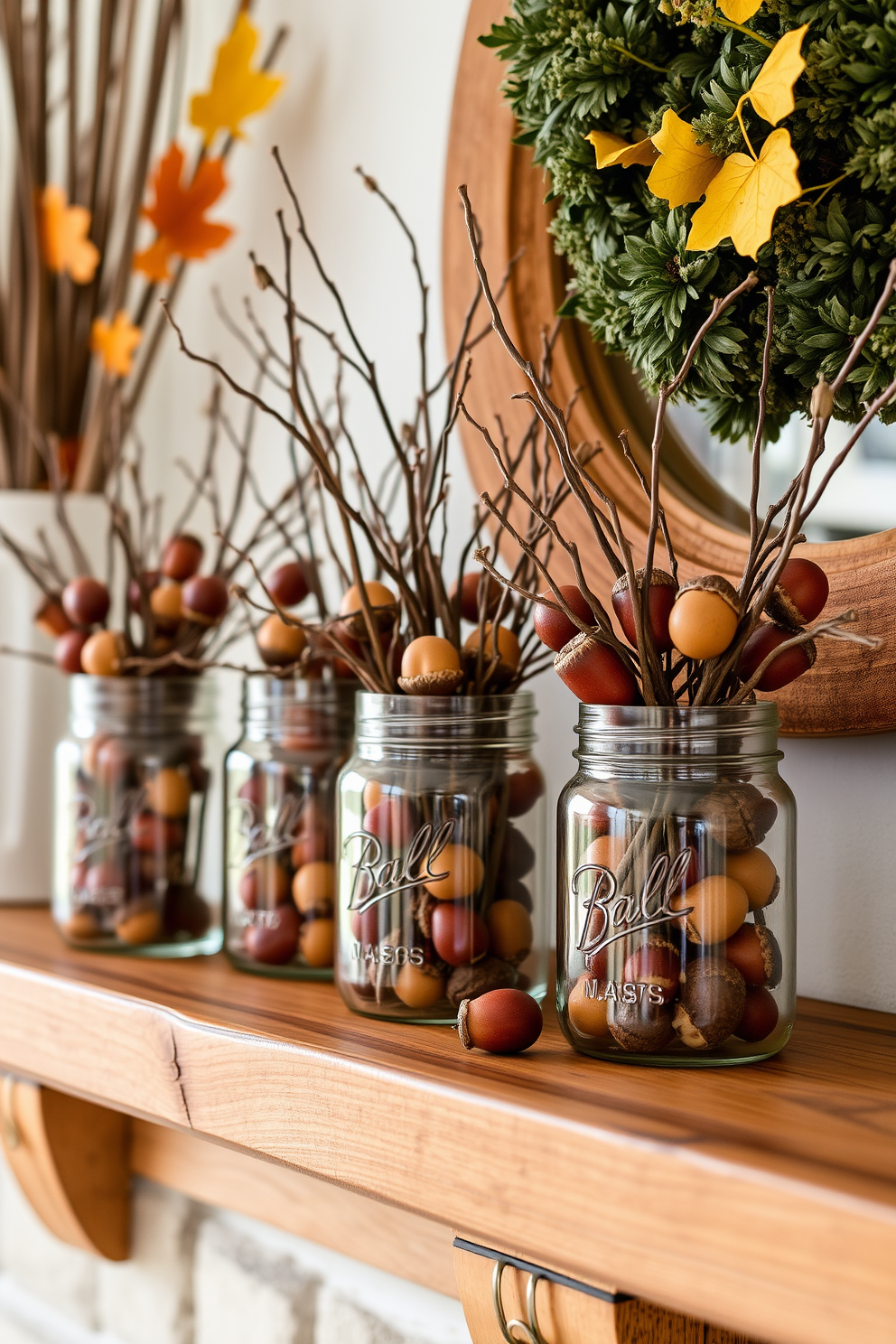 Mason jars filled with acorns and twigs are arranged on a rustic wooden mantel. The warm autumn colors of the twigs and acorns complement the cozy atmosphere, creating a charming fall display.