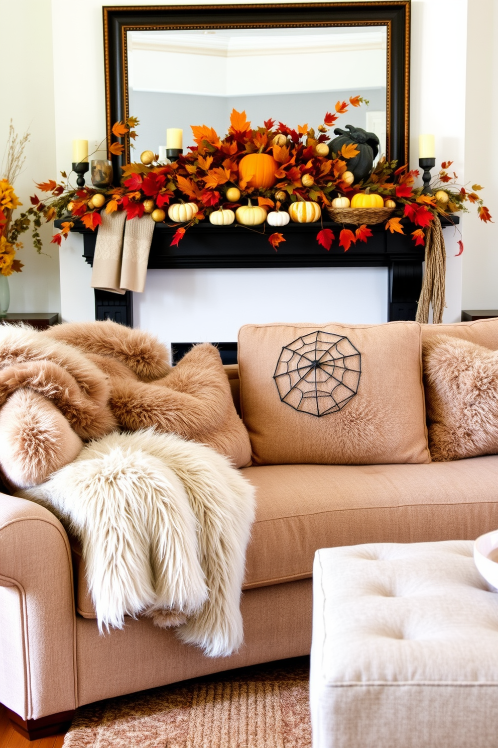 A cozy living room adorned with faux fur throws draped over a plush sofa invites warmth and relaxation. The soft textures complement the rich colors of autumn, creating an inviting atmosphere perfect for gatherings. A beautifully decorated mantel showcases a mix of seasonal elements, including pumpkins, candles, and autumn leaves. The arrangement captures the essence of fall, enhancing the overall charm of the space.