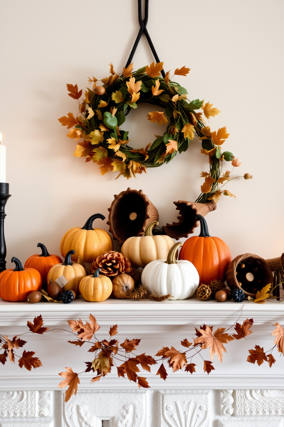 A cozy fall mantel adorned with harvest-themed figurines creates a warm and inviting atmosphere. The mantel features an assortment of pumpkins, gourds, and rustic cornucopias, artfully arranged to celebrate the season. Soft, ambient lighting highlights the figurines, casting gentle shadows that enhance their charm. Natural elements like dried leaves and acorns are incorporated for a touch of authenticity and texture.