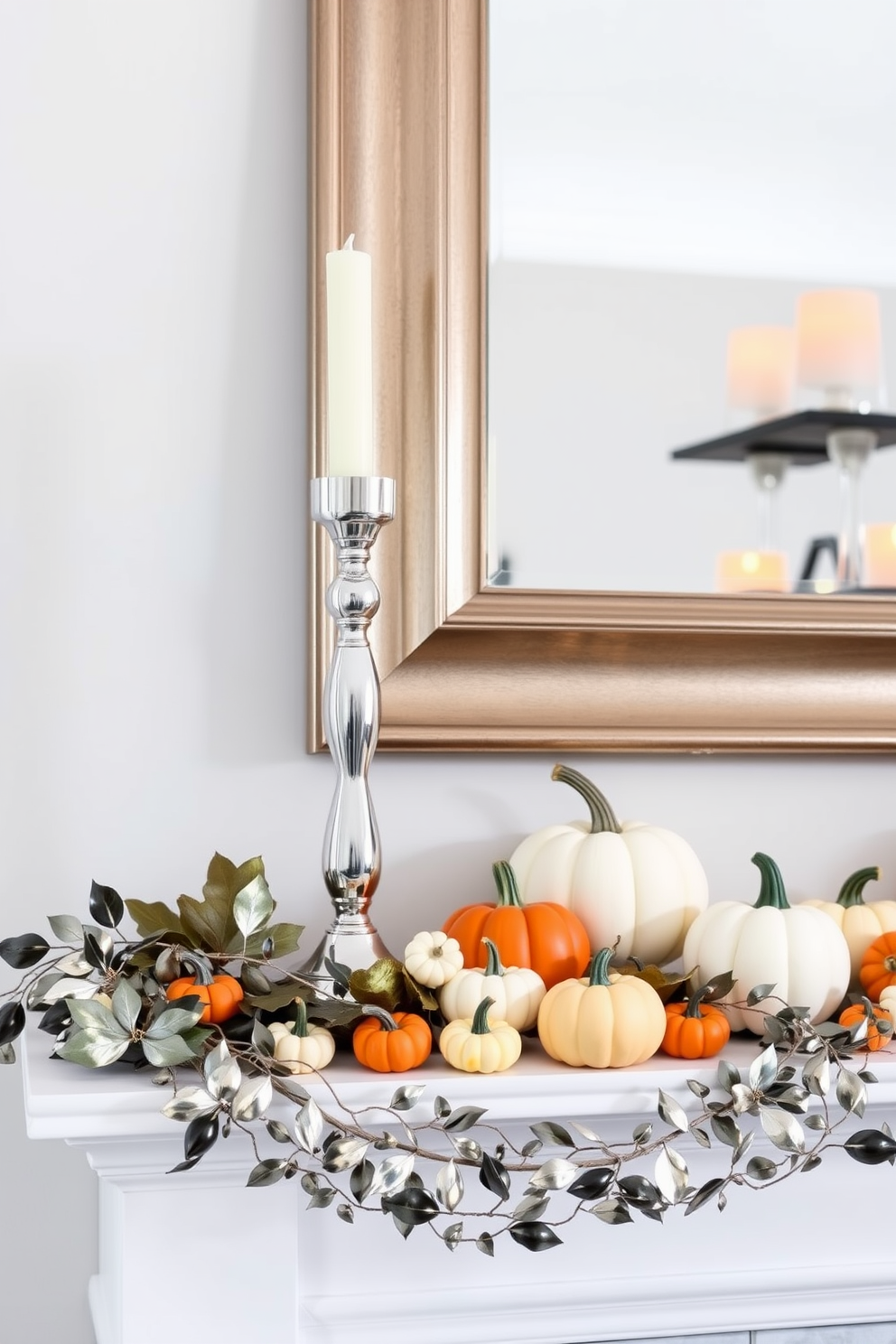 A sleek fall mantel design featuring metallic accents that add a modern twist. A polished chrome candle holder stands tall among a collection of small pumpkins in various shades of orange and white. The mantel is adorned with a stylish metallic garland that drapes elegantly across the front. A large, framed mirror with a metallic finish reflects the warm glow of the candles and the vibrant colors of the seasonal decor.