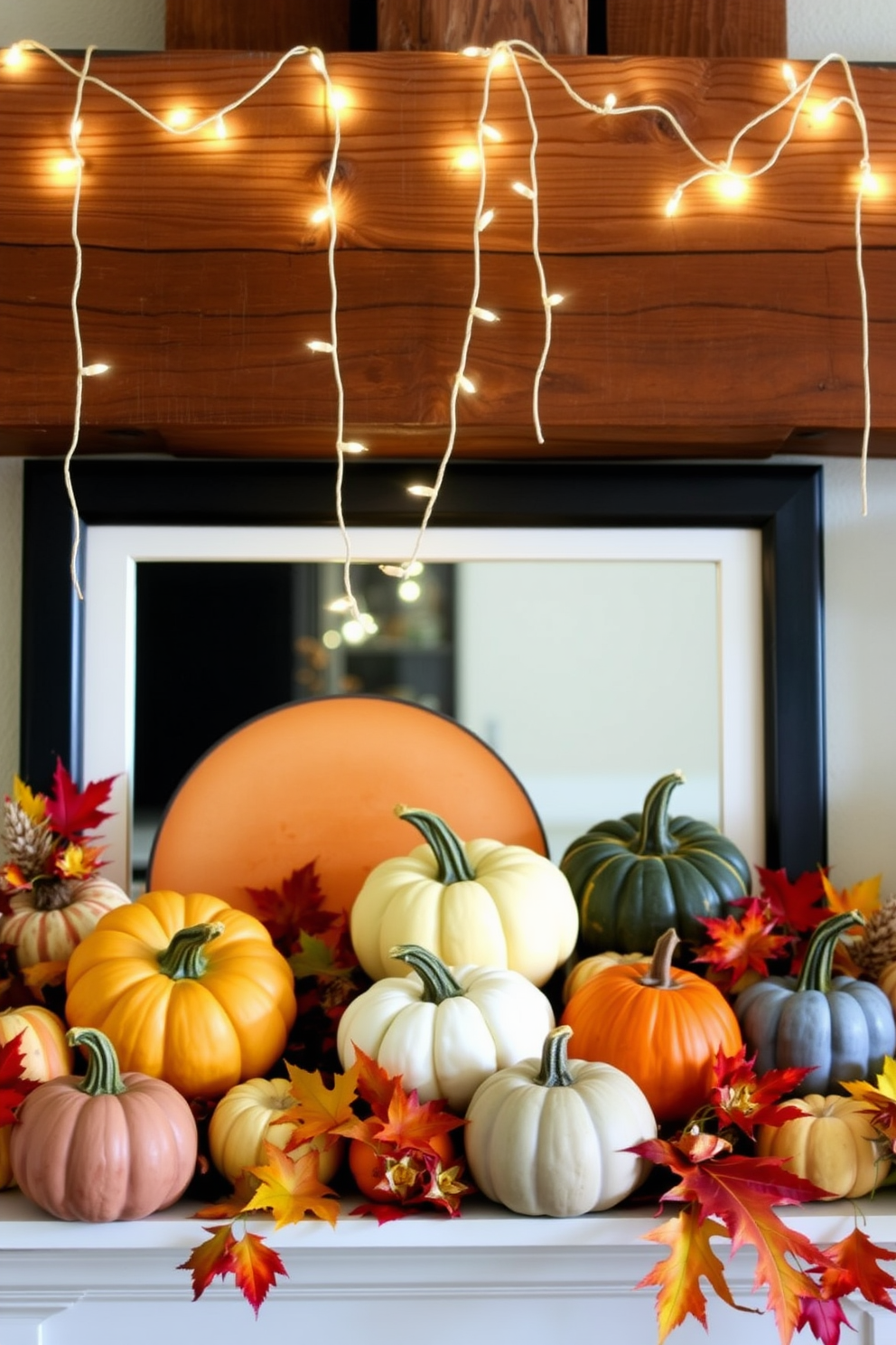 A cozy fall mantel decorated with an assortment of pumpkins in various sizes and colors. Above the mantel, twinkling fairy lights are draped gracefully, creating a warm and inviting glow. The backdrop features a rustic wooden beam that adds character to the space. Complementing the fall theme, colorful autumn leaves are scattered among the decorations, enhancing the seasonal charm.