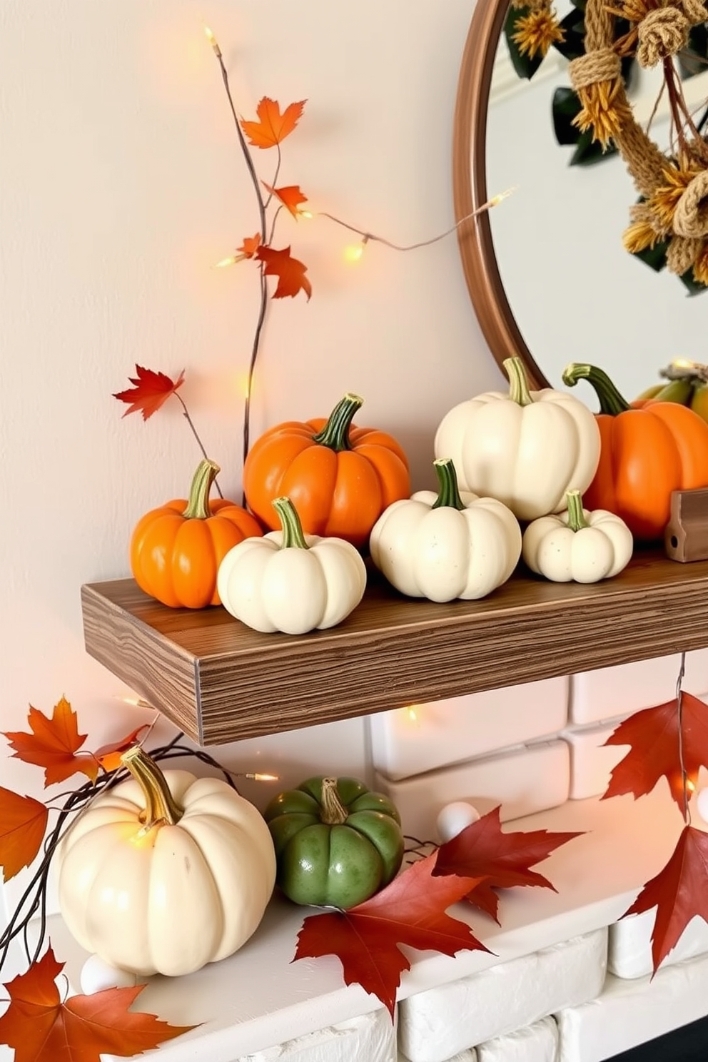 A cozy fall mantel features rustic wooden pumpkins in varying sizes, artfully arranged among autumn leaves and twinkling fairy lights. The backdrop is a warm, textured wall, enhancing the seasonal charm with a touch of natural elegance.