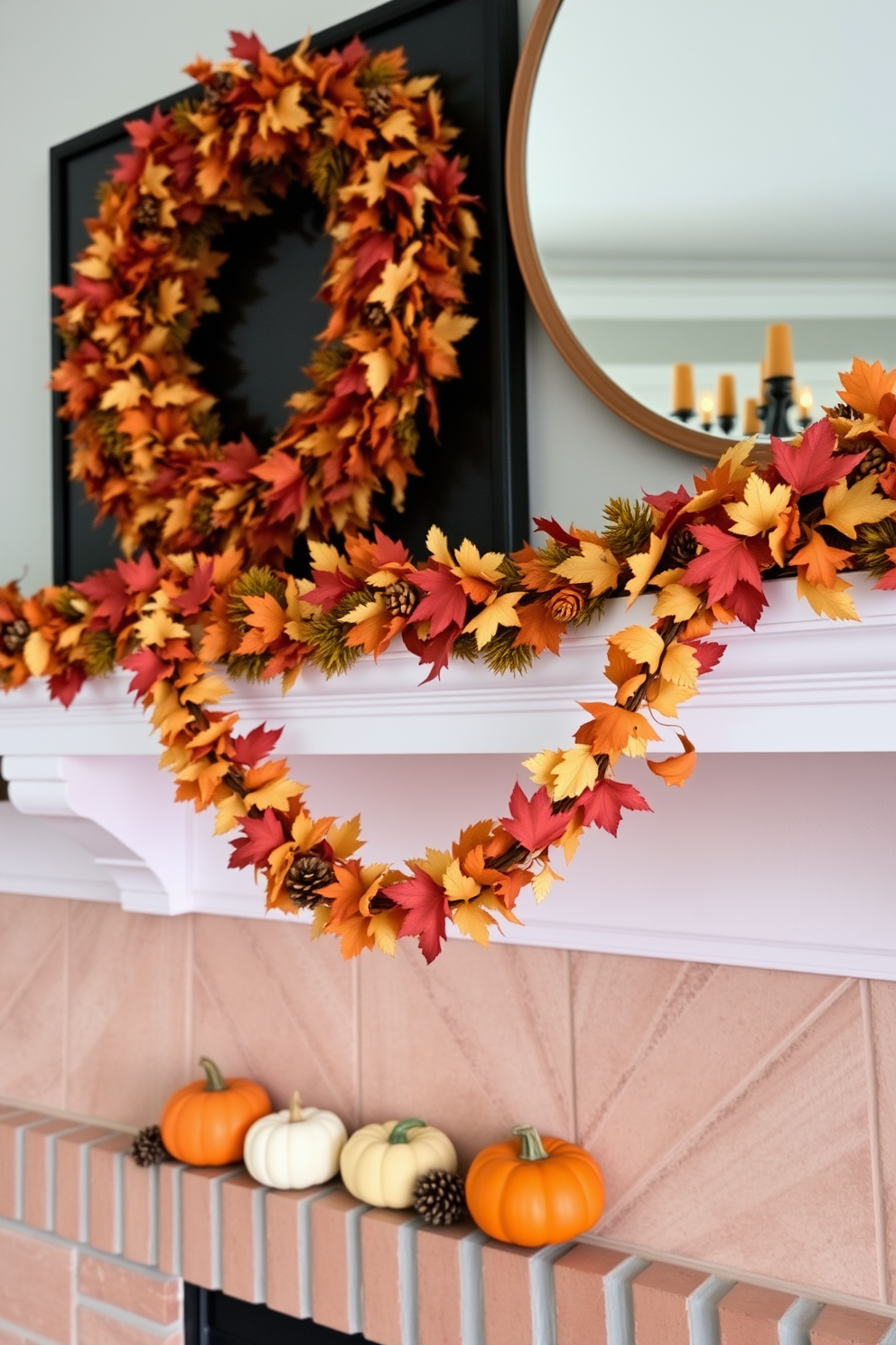 A cozy fall mantel adorned with seasonal garlands in warm hues of orange, red, and gold. The garlands are interspersed with small pumpkins and pinecones, enhancing the autumnal theme.