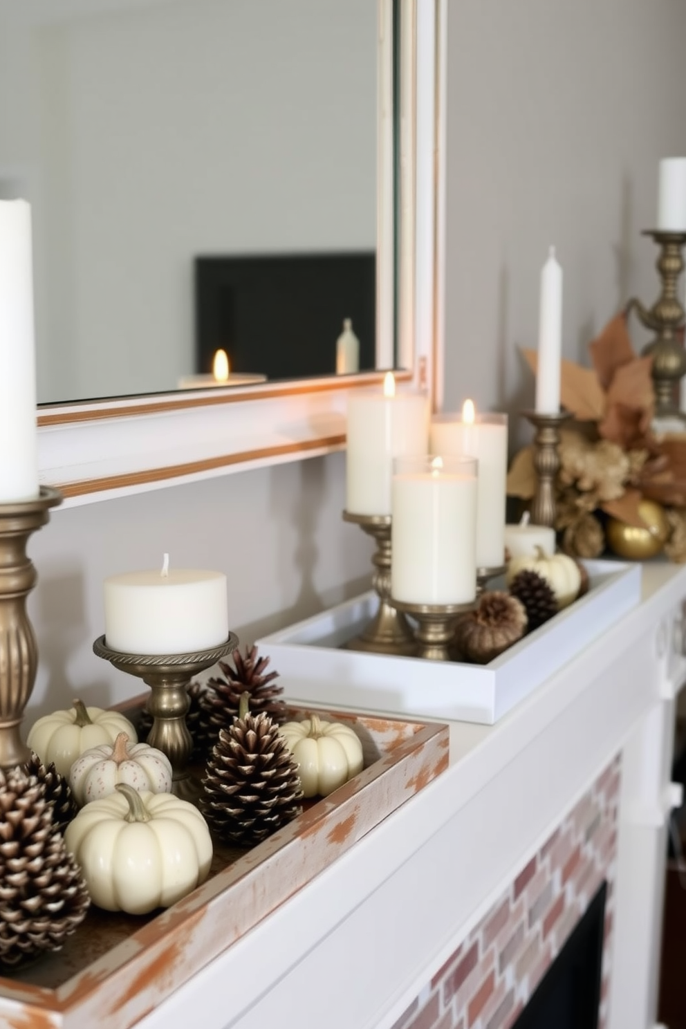 A cozy fall mantel decor featuring decorative trays arranged with seasonal items. The trays include pinecones, small pumpkins, and candles of varying heights to create a warm and inviting atmosphere.