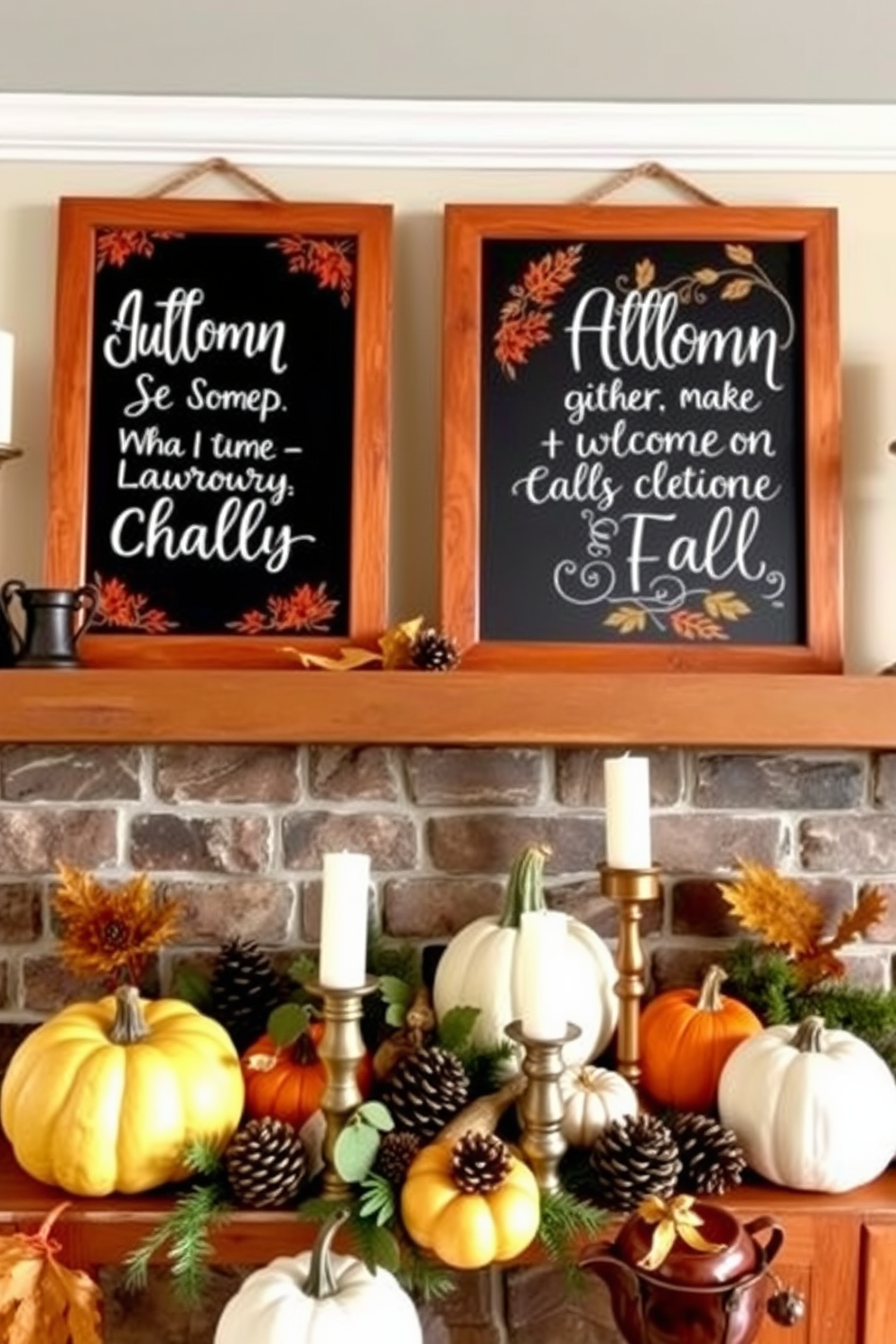 Chalkboard signs adorned with warm autumn colors display seasonal messages that evoke the cozy spirit of fall. The mantel is decorated with an assortment of pumpkins, pinecones, and candles, creating a welcoming atmosphere for gatherings.