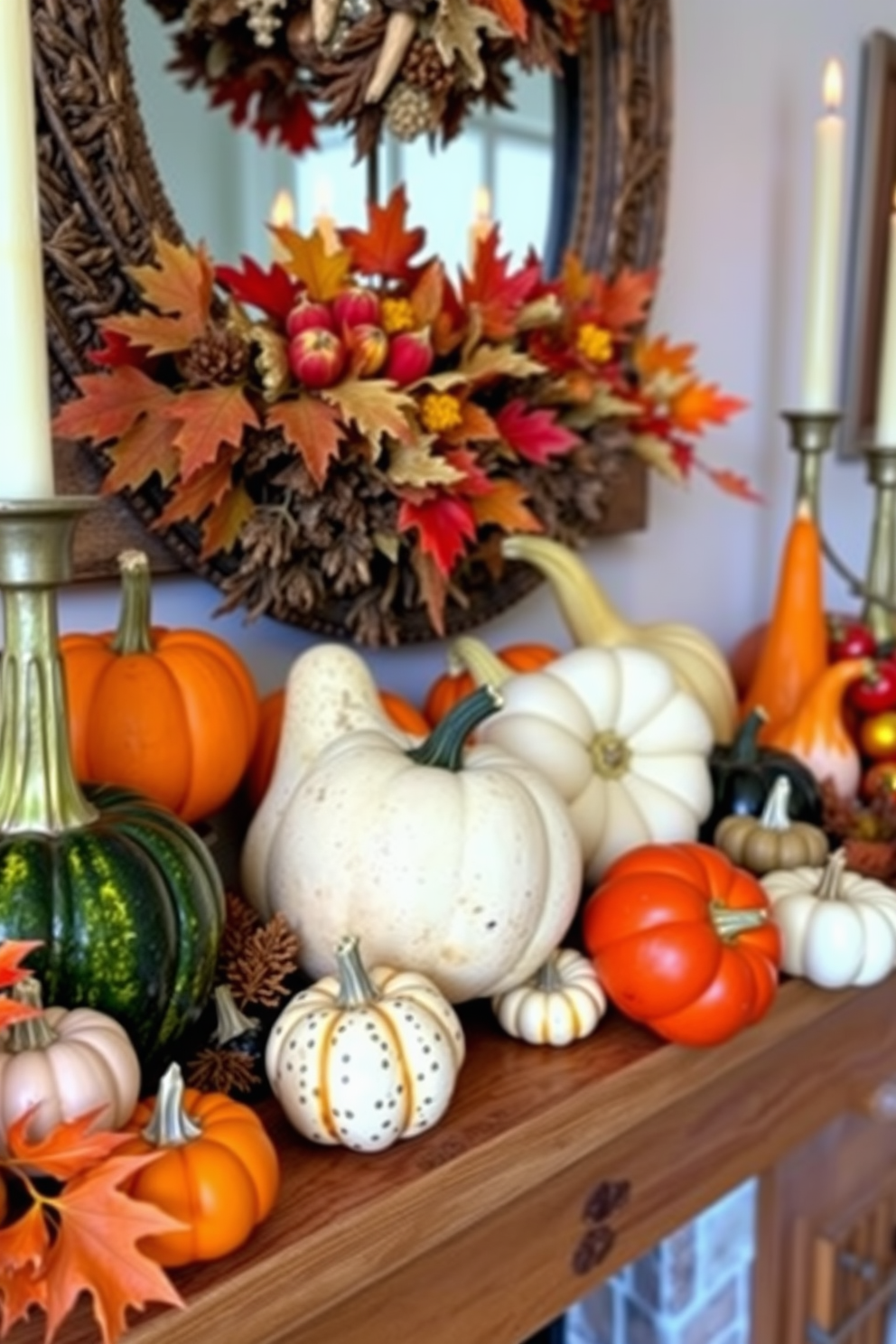 A vibrant assortment of colorful gourds in various shapes is artistically arranged on a rustic wooden mantel. The gourds are complemented by warm autumn foliage and flickering candles, creating a cozy and inviting fall atmosphere.