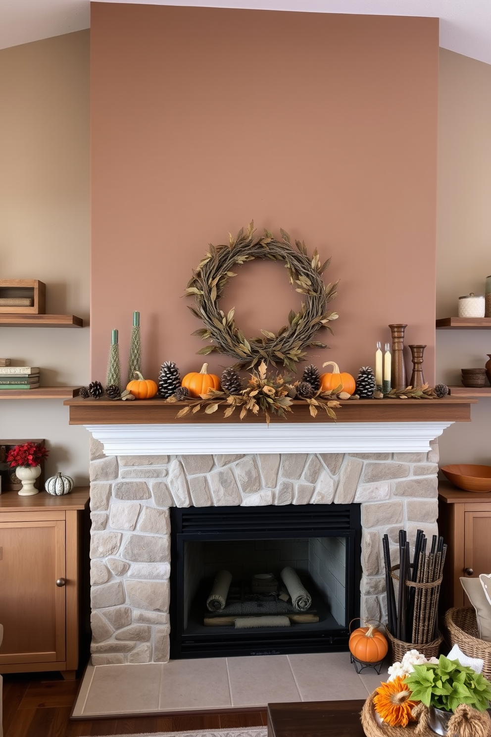 A cozy living room featuring an inviting fireplace with an earthy toned mantel. The mantel is adorned with natural elements such as pinecones, small pumpkins, and a garland of dried leaves. On either side of the fireplace, there are rustic wooden shelves displaying seasonal decor. The warm palette includes deep browns, soft oranges, and muted greens, enhancing the autumn ambiance.