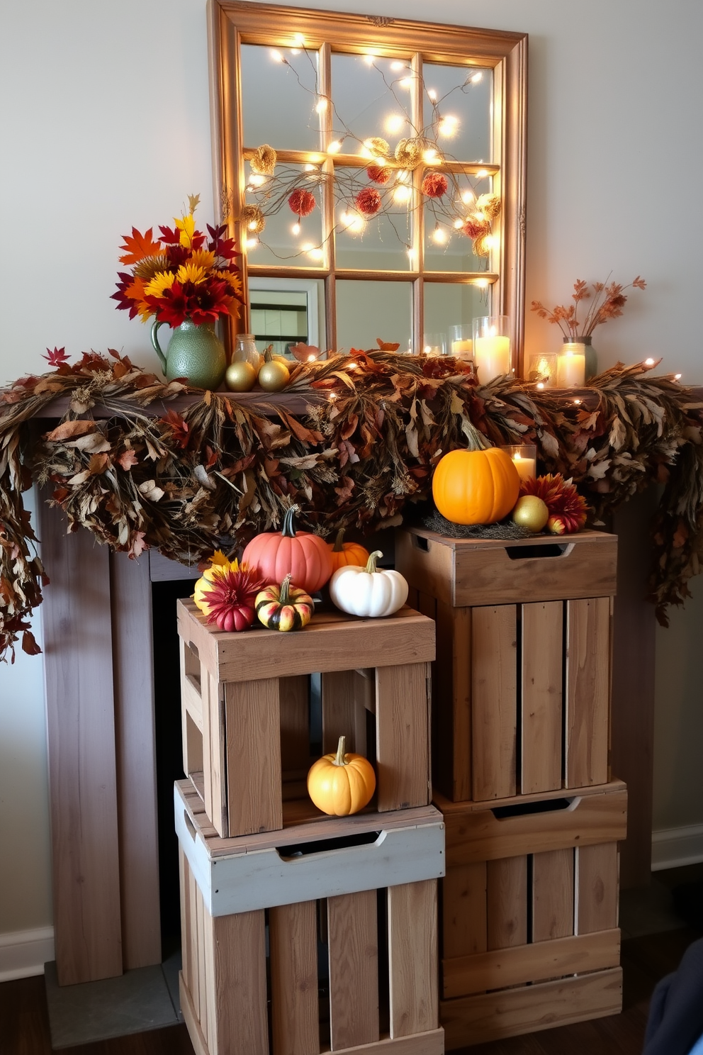 Wooden crates are stacked as decorative pedestals, showcasing an array of autumn-themed decorations. Pumpkins in various sizes are placed atop the crates, surrounded by vibrant fall foliage and warm-toned candles. The mantel features a rustic garland made of dried leaves and twigs, creating a cozy atmosphere. Above the mantel, a vintage mirror reflects the warm glow of string lights intertwined with seasonal decorations.