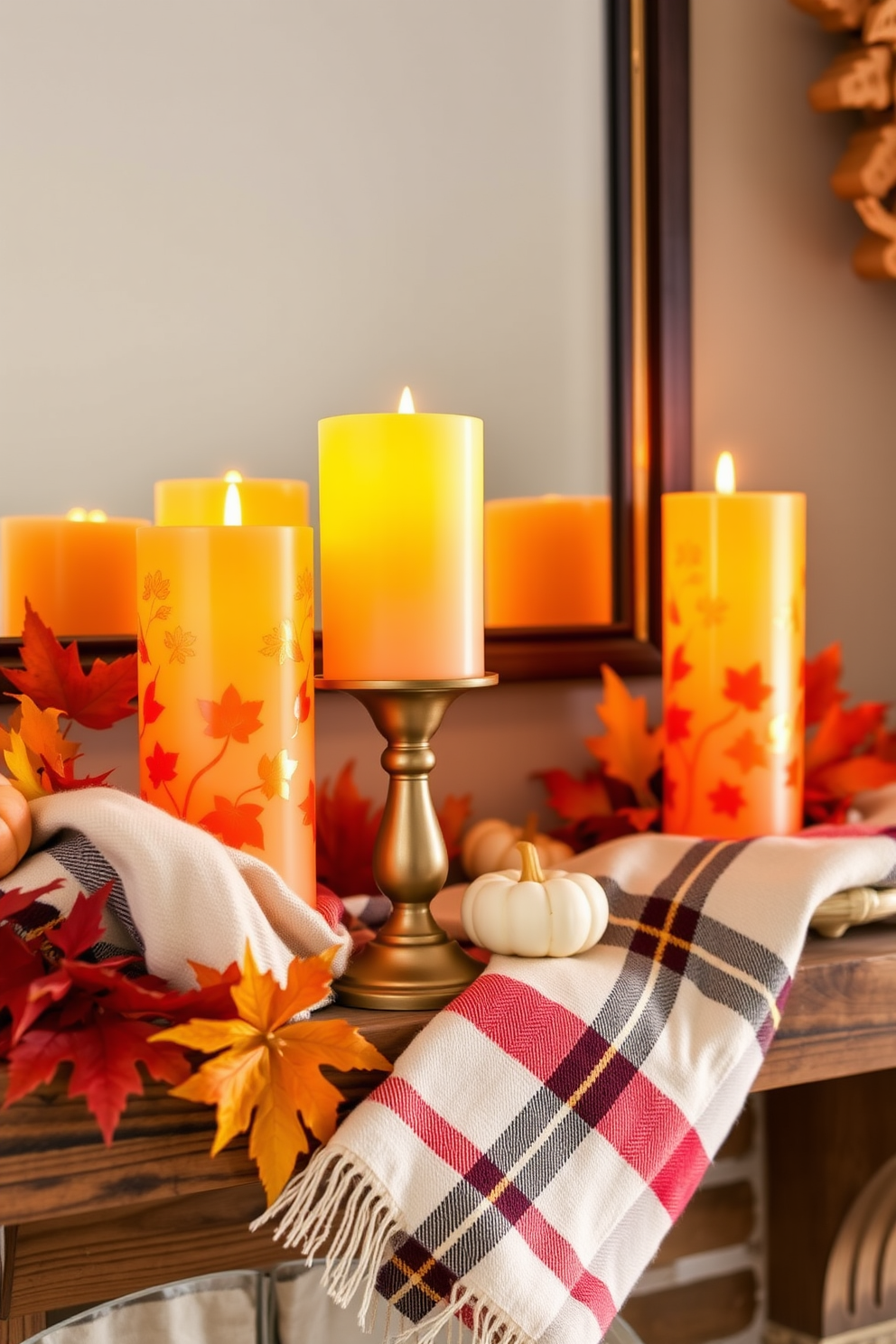 Candlesticks with autumn-inspired designs are arranged on a rustic wooden mantel. The warm hues of orange and gold complement the flickering candlelight, creating a cozy atmosphere perfect for the season. Surrounding the candlesticks, vibrant autumn leaves and small pumpkins add a festive touch. A soft plaid throw drapes over the mantel, enhancing the inviting and seasonal feel of the space.