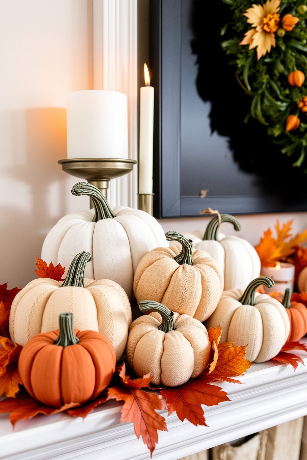 A cozy fall mantel decorated with fabric pumpkins in various sizes. The pumpkins are arranged in a pleasing composition, complemented by autumn leaves and soft candlelight.