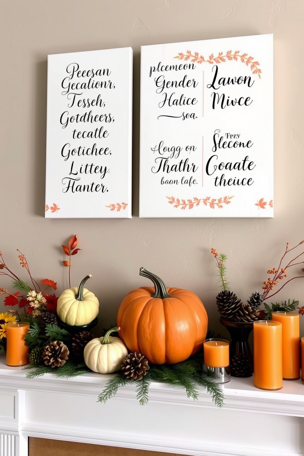 A cozy fall mantel adorned with mini hay bales creates a charming farm feel. The hay bales are complemented by small pumpkins and rustic lanterns, adding warmth and seasonal flair. Draped across the mantel is a garland of autumn leaves, enhancing the natural aesthetic. A few candles in varying heights are placed among the decor, providing a soft glow for a welcoming atmosphere.