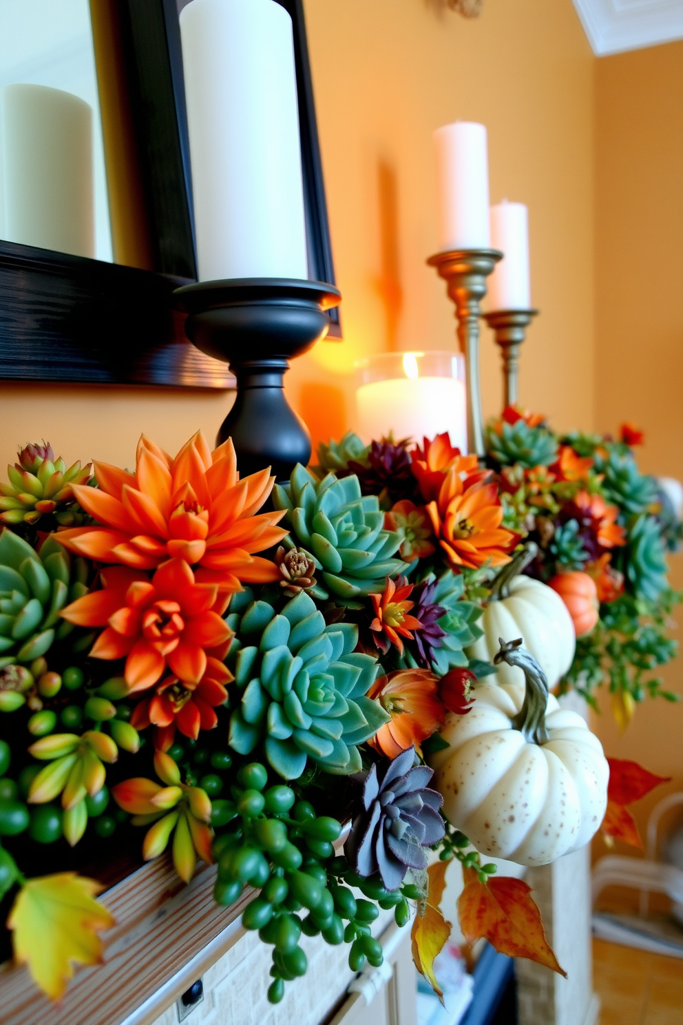 A cozy fall mantel adorned with succulents in warm autumn hues. The arrangement features shades of orange, red, and yellow, complemented by rustic wooden accents and soft candlelight. Decorative pumpkins in varying sizes and textures are interspersed among the succulents. A backdrop of a warm, neutral wall enhances the vibrant colors of the greenery and seasonal decor.