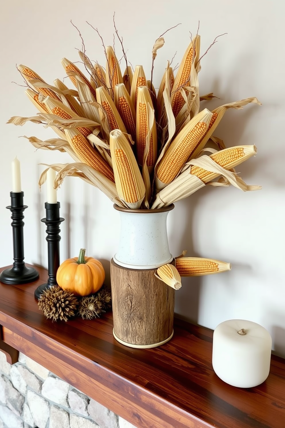 A stunning fall mantel decorated with dried corn husks elegantly arranged in a rustic vase. The warm tones of the corn husks complement the rich wood of the mantel, creating a cozy autumn atmosphere.