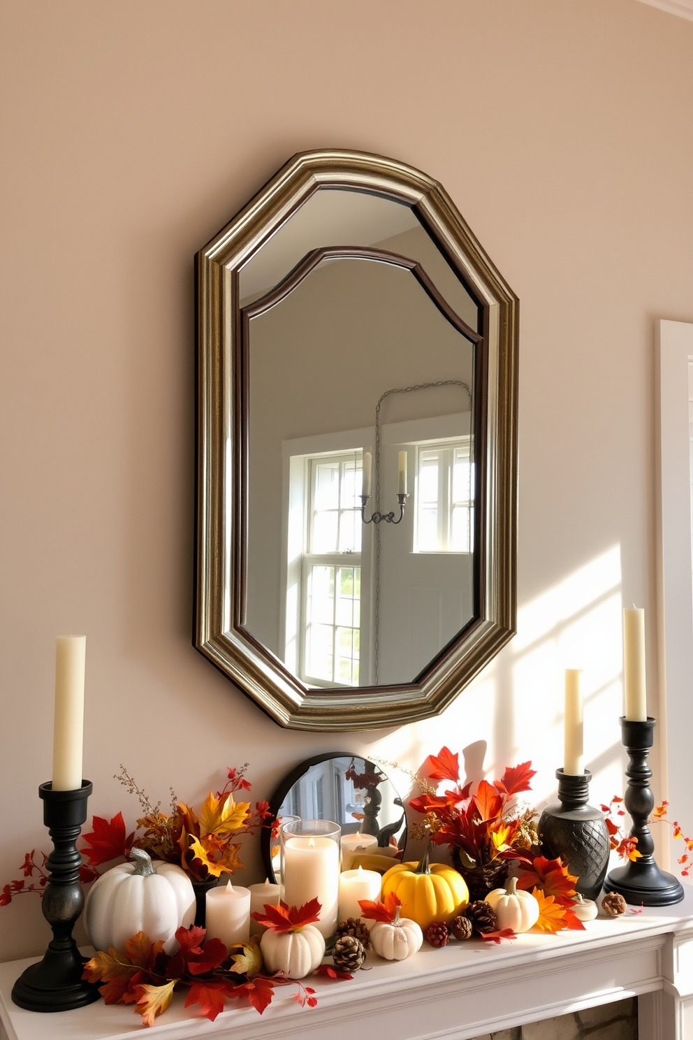 Layered mirrors are arranged on the mantel to beautifully reflect the warm autumn light streaming through the windows. The mantel is adorned with an assortment of seasonal decorations including pumpkins, candles, and colorful leaves to create a cozy fall ambiance.