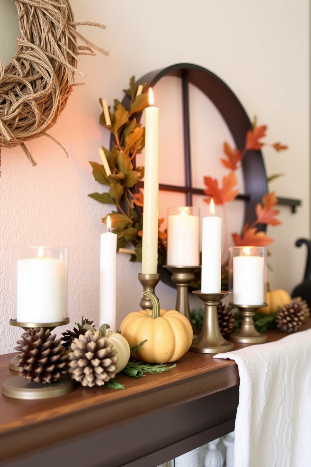 A cozy fall mantel adorned with candles of various heights creates a warm ambiance. The candles are arranged in groups, complemented by seasonal decor like miniature pumpkins and autumn leaves.