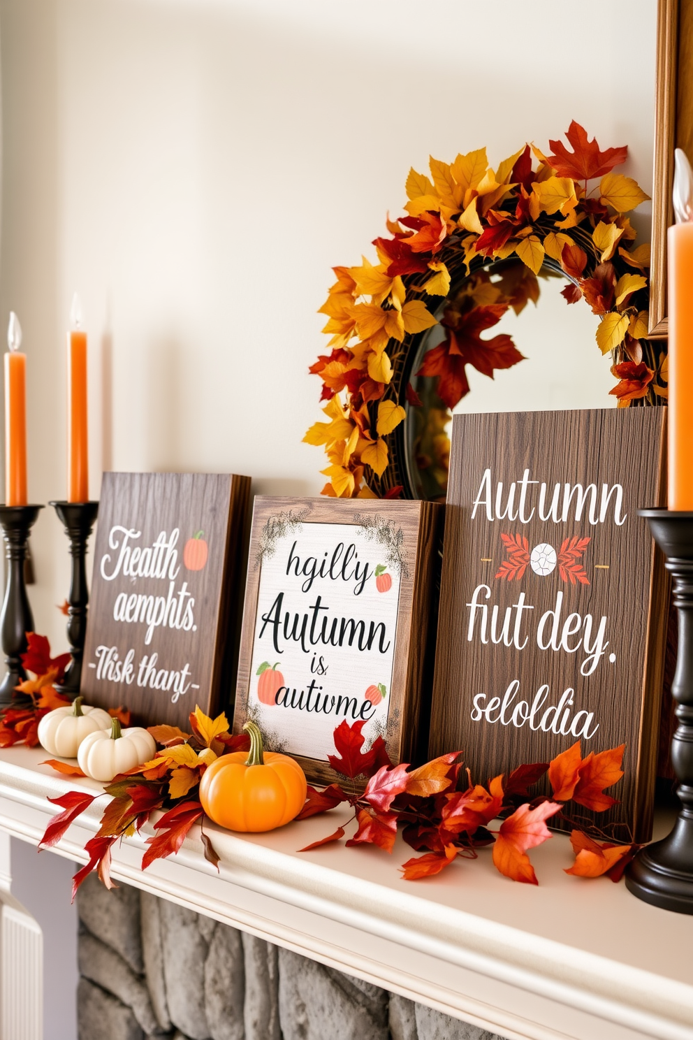 A cozy fall mantel adorned with scattered autumn leaves in vibrant shades of orange, red, and yellow. The leaves are complemented by rustic candle holders and small pumpkins, creating a warm and inviting atmosphere.