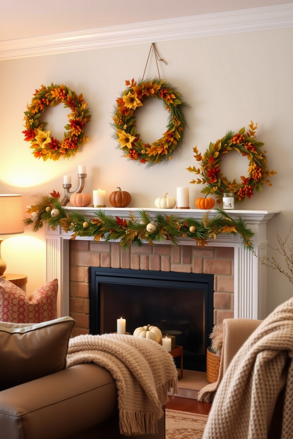 A cozy living room featuring a beautifully decorated mantel. Seasonal wreaths in warm autumn hues are elegantly hung above the fireplace, enhancing the inviting atmosphere. The mantel is adorned with various decorative elements like small pumpkins and candles. Soft, textured throws are draped over the nearby furniture, adding to the seasonal charm.