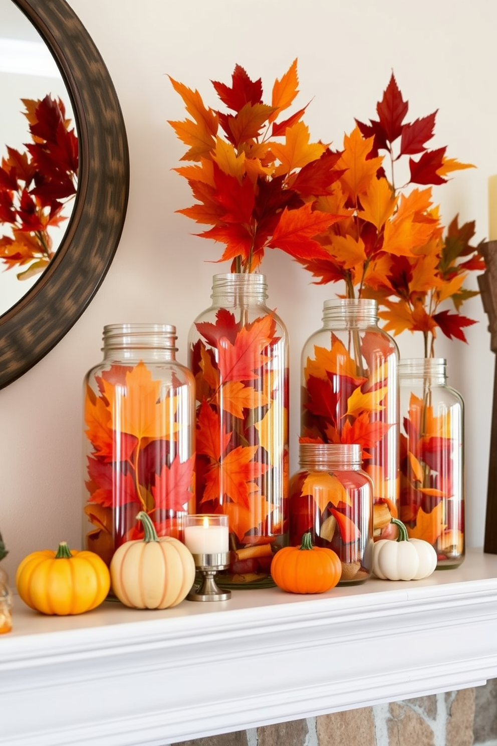 A cozy fall mantel decorated with glass jars filled with an array of colorful leaves. The jars are arranged in varying heights, creating visual interest, while small pumpkins and candles are placed alongside them for added warmth.