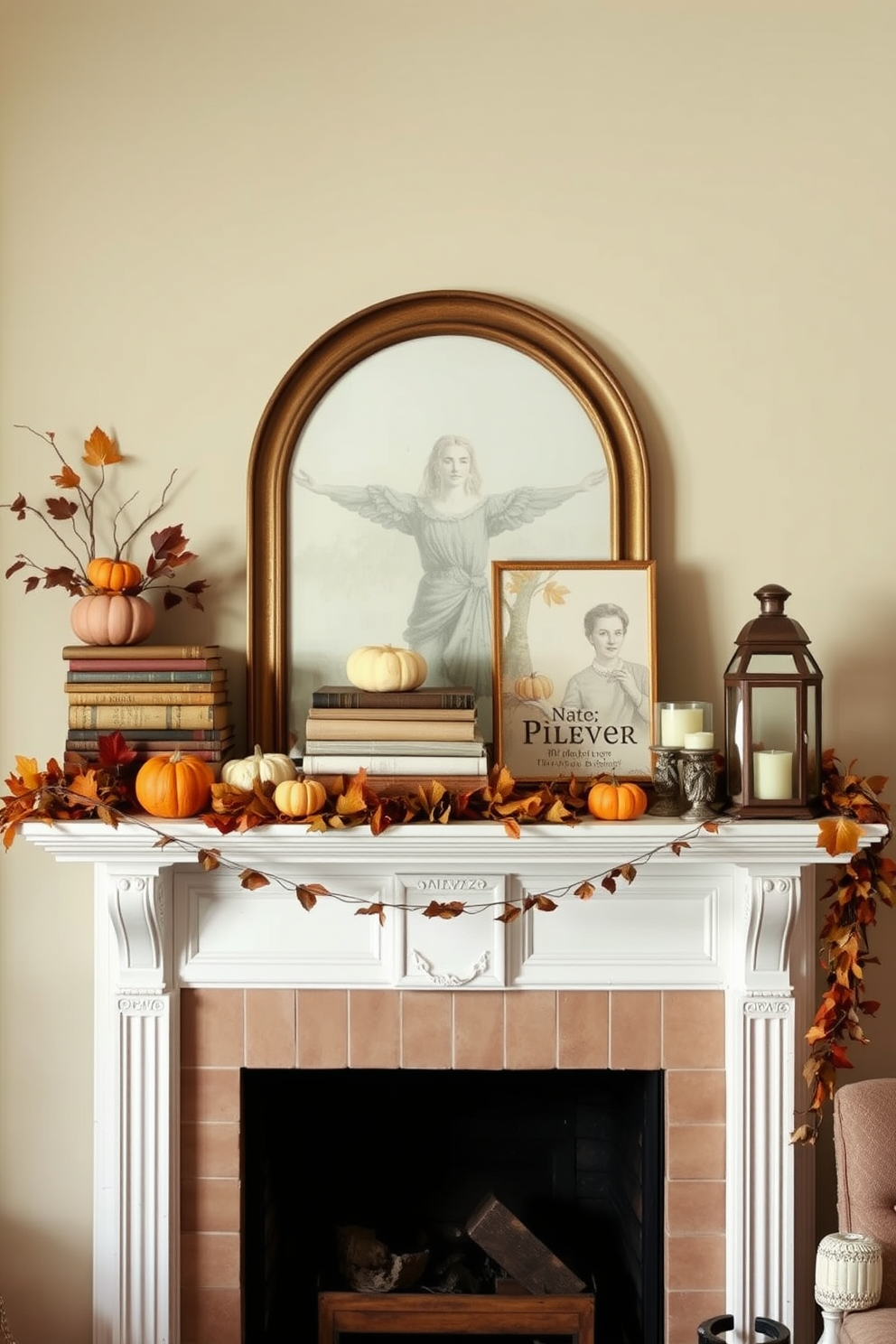 A cozy living room scene featuring a vintage mantel adorned with stacked antique books and seasonal fall decor. The mantel is decorated with small pumpkins, dried leaves, and a warm-toned garland, creating an inviting autumn atmosphere. On the mantel, a collection of vintage books is artfully arranged alongside decorative candles and a rustic lantern. The backdrop is a soft, neutral wall color that enhances the warm hues of the fall decorations.