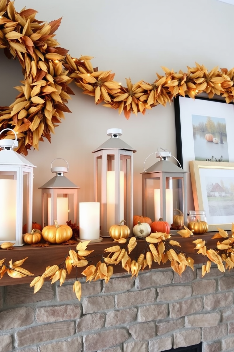 Neutral toned lanterns are arranged on a rustic wooden mantel creating a warm and inviting atmosphere. Surrounding the lanterns are seasonal decorations including small pumpkins and autumn leaves in shades of orange and gold. The fall mantel features a cozy garland made of dried corn and twinkling fairy lights. Complementing the lanterns, a few framed autumn-themed prints are placed on the mantel to enhance the seasonal decor.