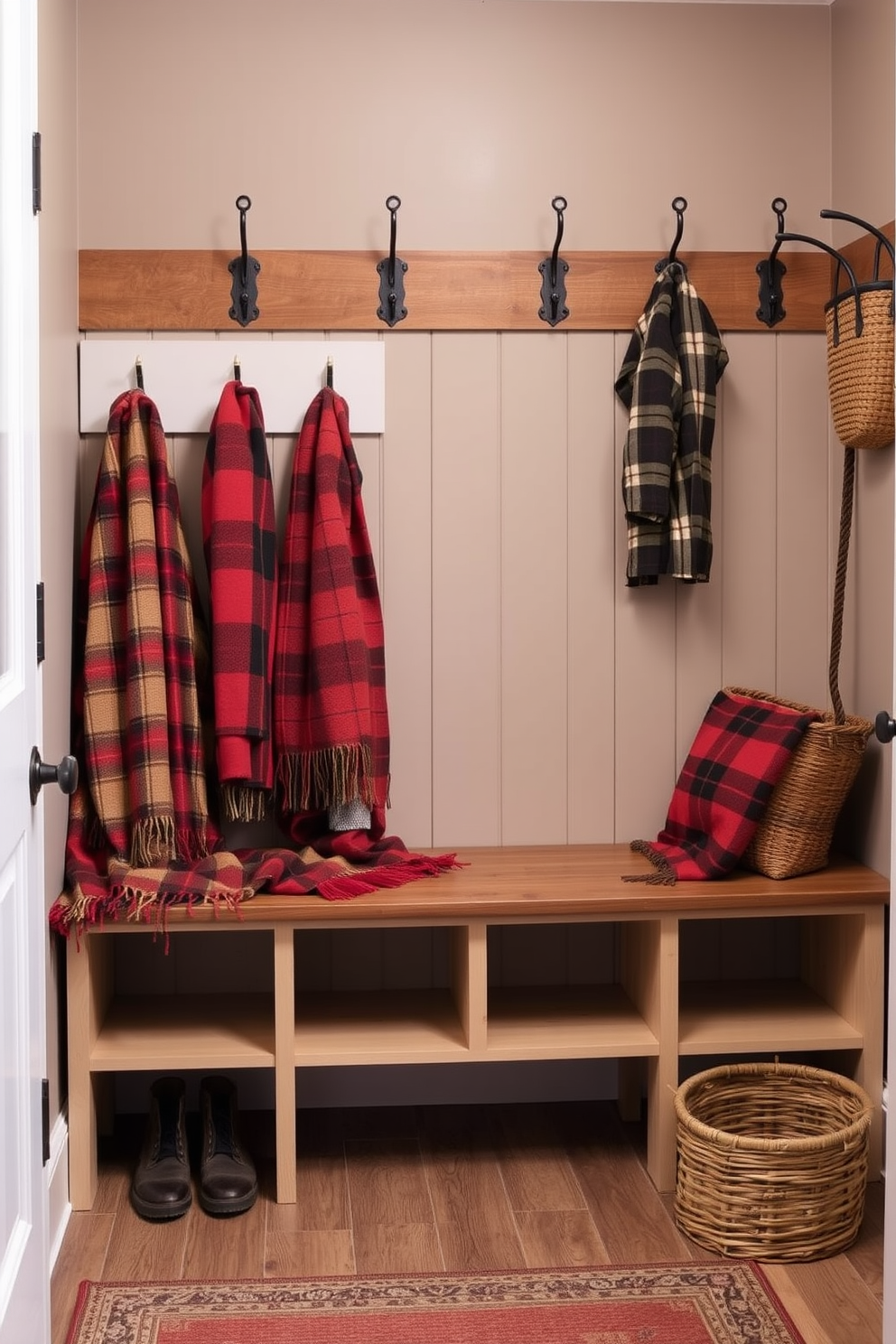 A cozy mudroom adorned with warm plaid throw blankets draped over rustic wooden benches. The space features a welcoming atmosphere with earth-toned walls and a stylish coat rack for added functionality.