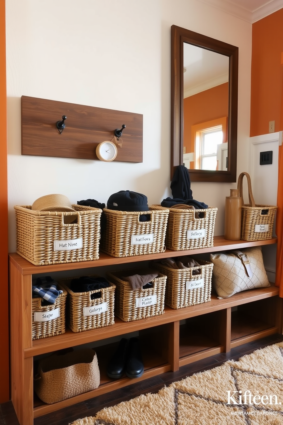 A cozy mudroom designed for fall features a series of woven baskets neatly arranged on a rustic wooden shelf. Each basket is labeled for storing hats and gloves, adding both functionality and charm to the space. The walls are adorned with warm autumn colors, complemented by a large mirror that enhances the natural light. A plush area rug in earthy tones anchors the room, inviting guests to step in and get comfortable.